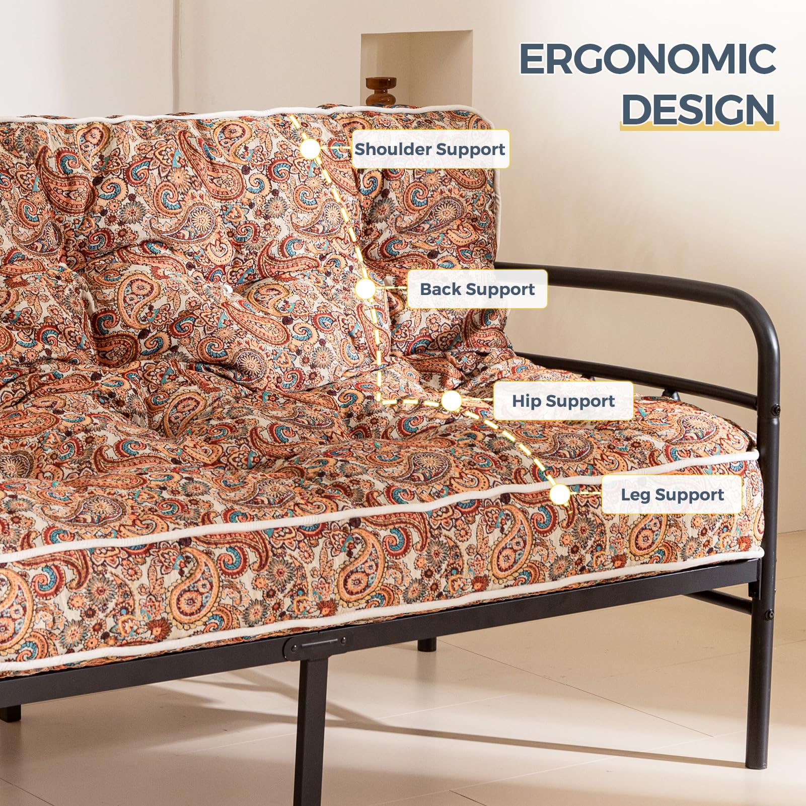 MAXYOYO 6 Bohemian Futon Mattress Full Size - Thickened Sofa Bed with Yellow Cover for Living Room, Guest Room & Dorm | Convertible Couch to Bed for Small Spaces