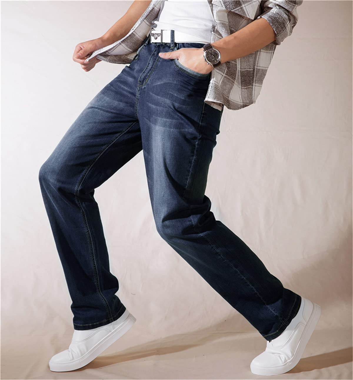 WoJogom 2021 Summer Lightweight Loose Straight Leg Stretch Jeans for Men - Comfortable Classic Style Plus Size Casual Pants | Perfect for Everyday Wear, Office & Outdoor Activities