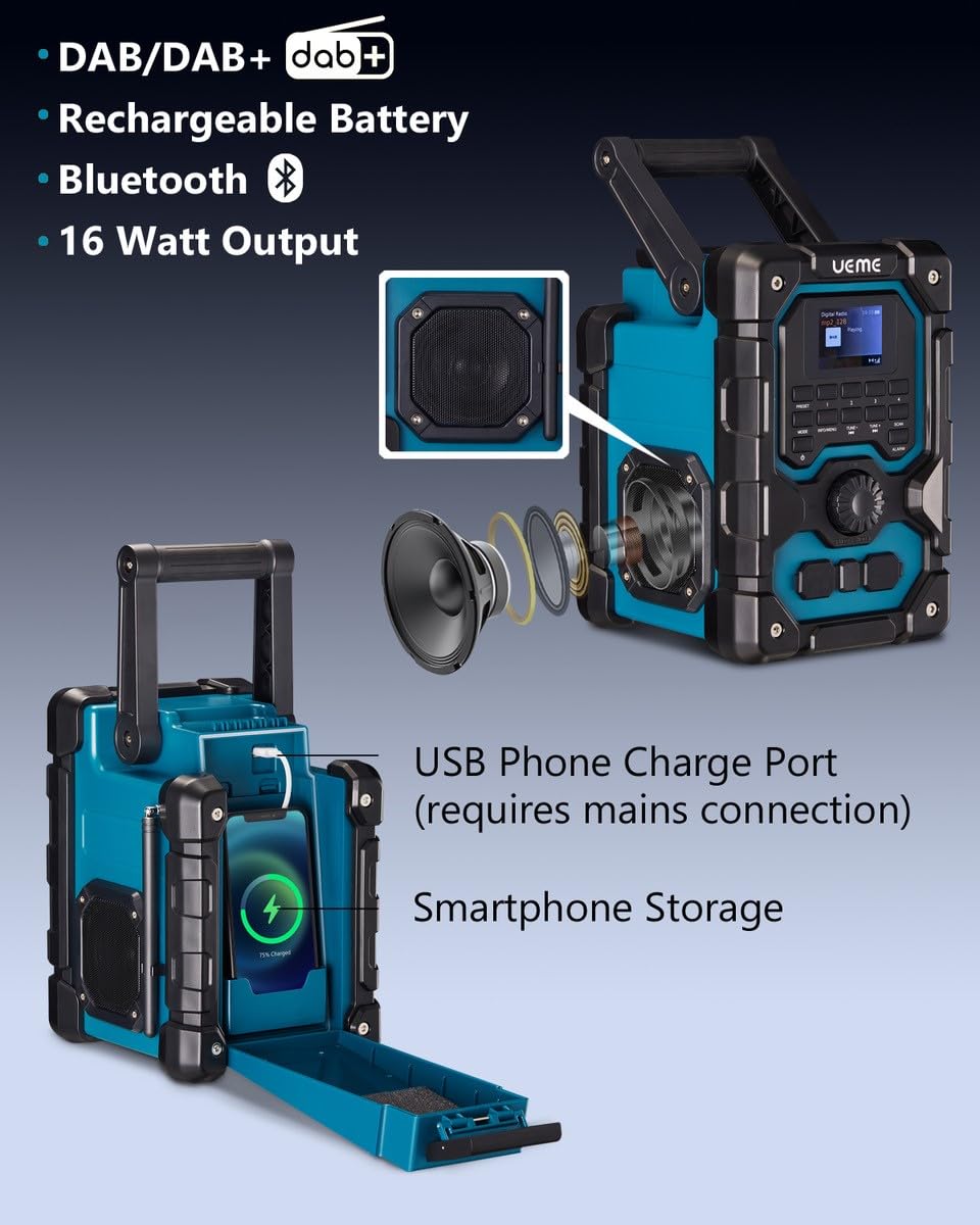 UEME 16W Jobsite DAB/DAB+ FM Radio - Rugged Construction Bluetooth Radio with Rechargeable Battery, AUX Input & USB Phone Charger | Ideal for Construction Sites, Workshops & Outdoor Work | Includes Mains Adaptor