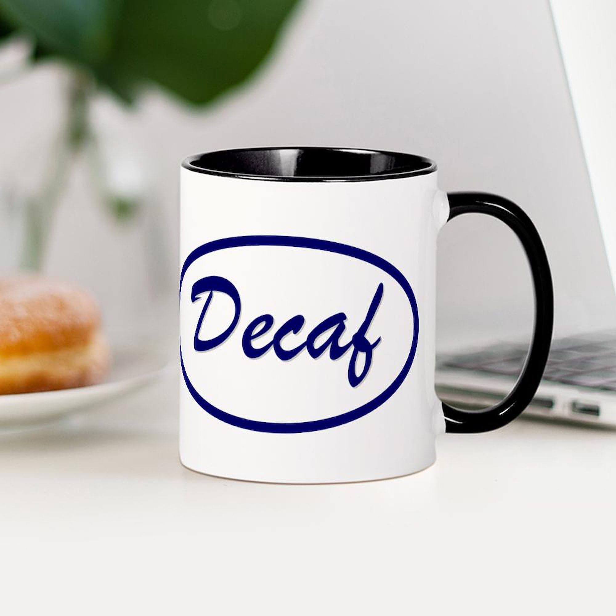 Decaf Coffee Mug 11 oz (325 ml) - Ceramic Coffee Cup with Custom Name Patch - Perfect for Office, Home & Gifts