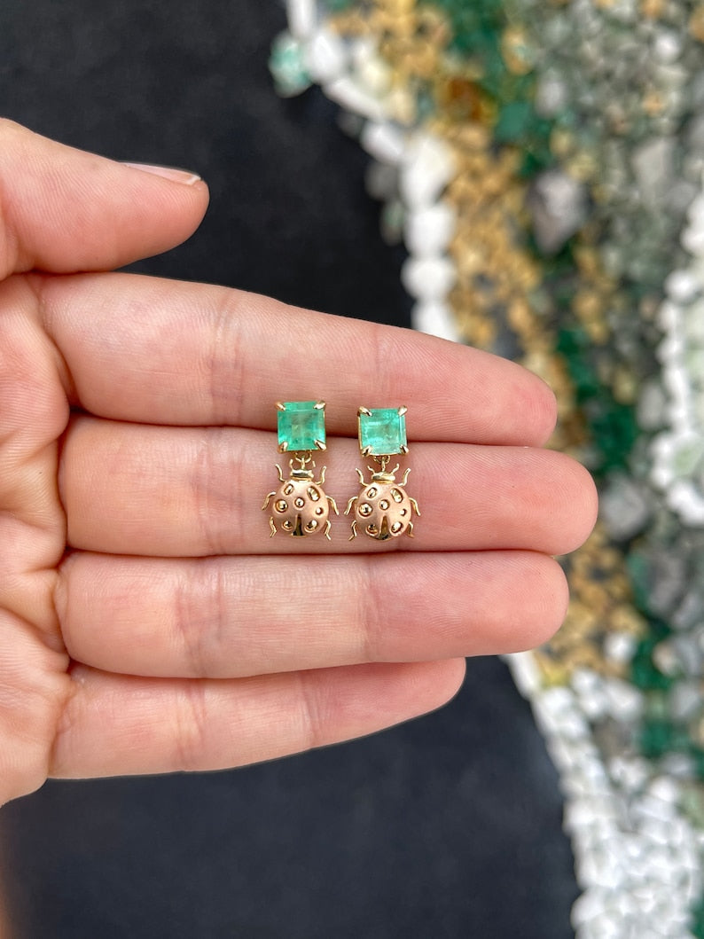 14K Rose Gold Asscher Cut Green Emerald & Lady Bug Dangle Earrings - 2.0tcw, Elegant Jewelry for Women, Perfect for Weddings, Parties & Special Occasions