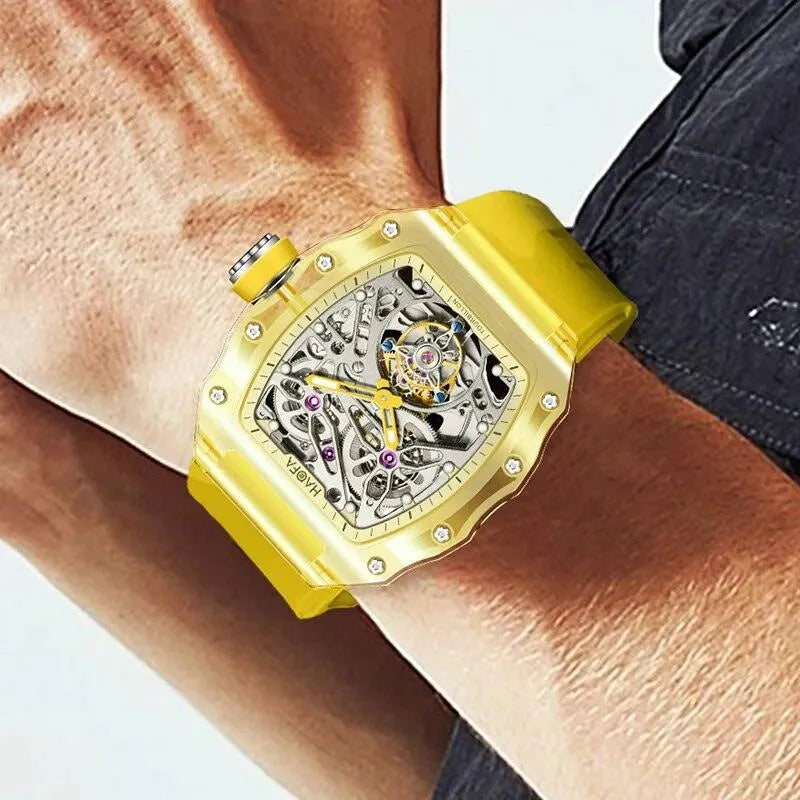 Haofa Luxury Men's Flying Tourbillon Watch - Crystal Clear Transparent Skeleton Design, Waterproof, Luminous, Automatic Mechanical Movement (Model 2201) - Perfect for Business, Formal Events & Luxury Gift Giving