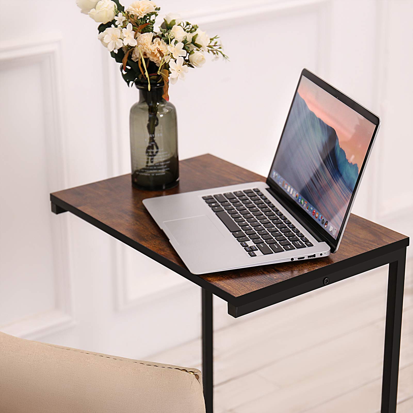 Modern C-Shaped Side Table with Metal Frame & Wood Top - Rustic Brown End Table for Laptop, Coffee & Snacks - Perfect for Living Room, Bedroom & Small Spaces - Ideal as Couch Table, Nightstand or Home Office Accent