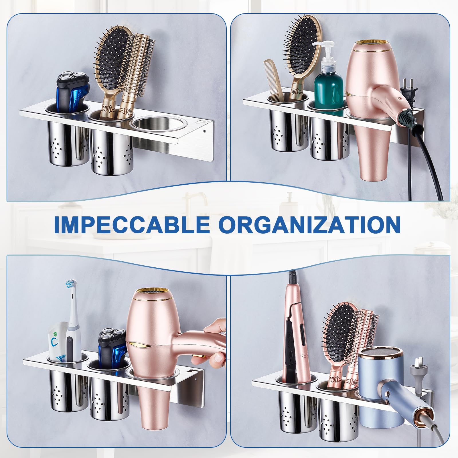 Wall Mount Hair Tool Organizer - Stainless Steel Hair Dryer & Curling Iron Holder with 2 Storage Cups | Bathroom Vanity Organizer for Blow Dryer, Flat Iron & Brushes | Perfect for Salon-Style Home Bathroom Organization