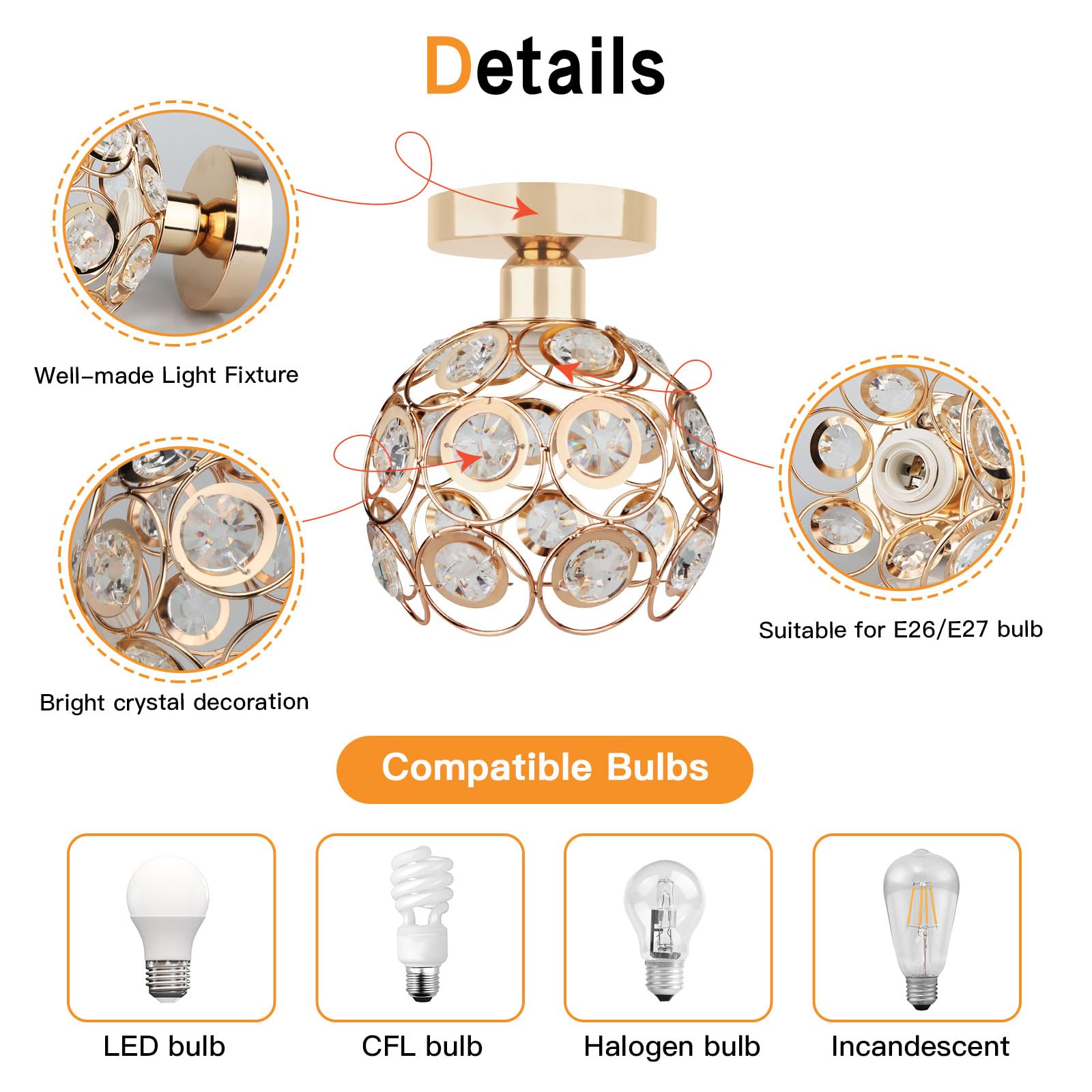 Gold Mini Chandelier Light Fixture - Crystal Ceiling Light with Semi Flush Mount | Handmade Metal Small Chandelier Lamp for Hallway, Foyer, Entryway & Closet | Perfect for Indoor Lighting & Home Decor