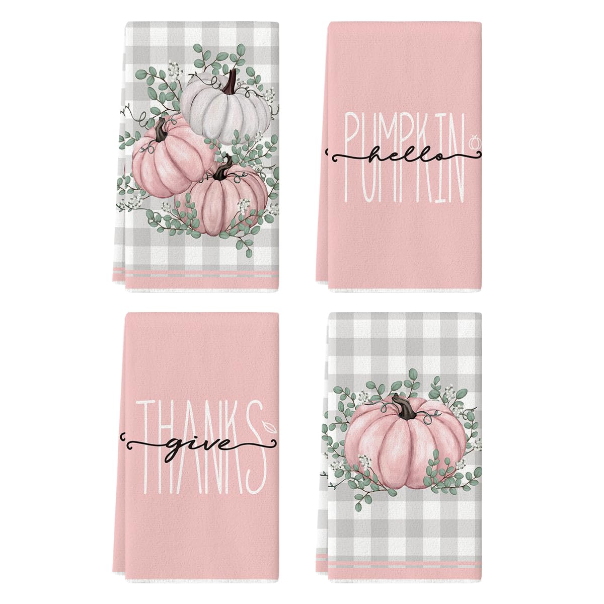 Artoid Mode Pink Eucalyptus Leaves Hello Pumpkin Fall Kitchen Towels - Set of 4 Farmhouse Dish Towels 18x26 Inch, Thanksgiving Home Decor Hand Towels for Autumn Kitchen, Dining Room & Farmhouse Decor