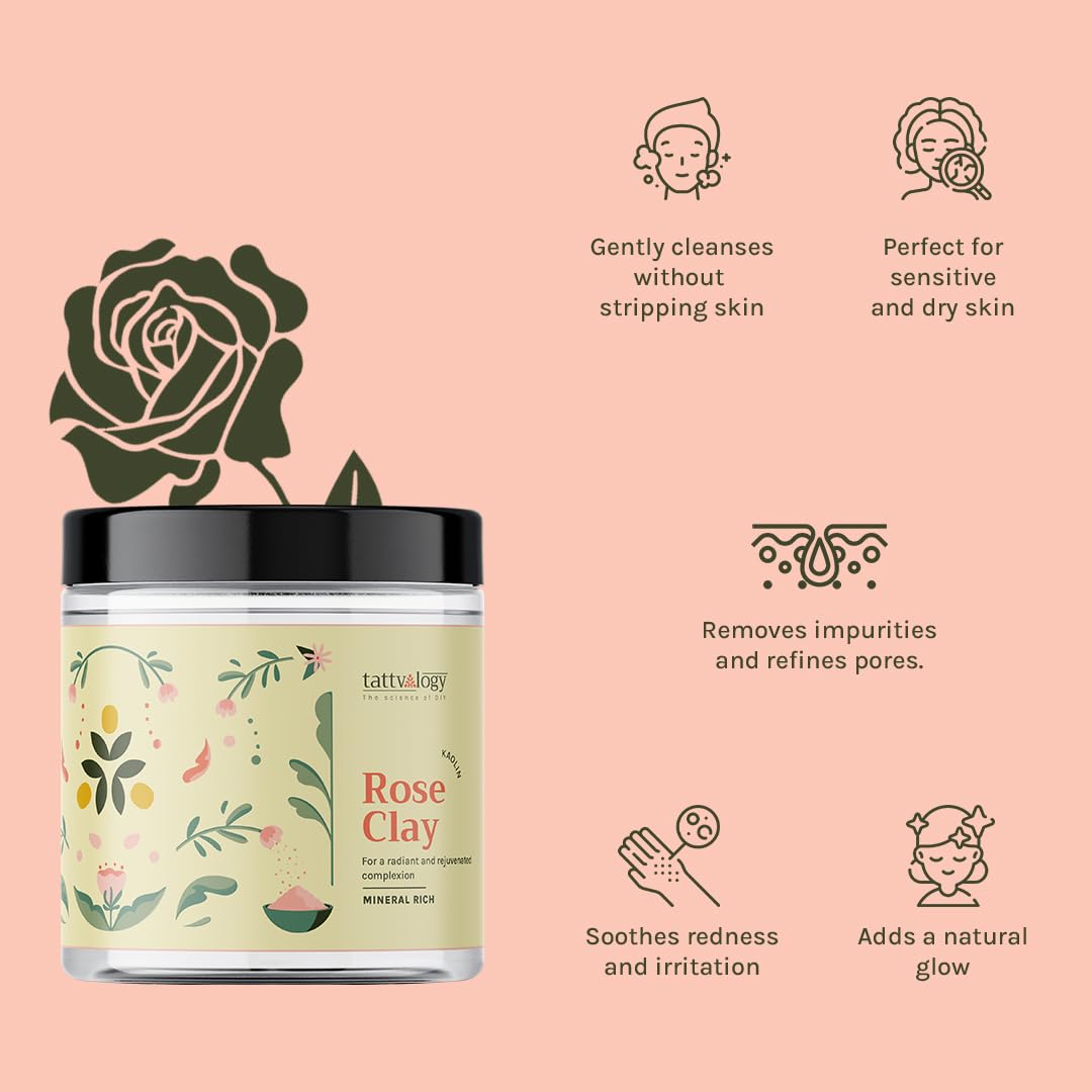 Tattvalogy Rose Clay Powder (200g) - Kaolin Clay for Glowing Skin, Natural Face Mask Powder for Women & Men | Sulfate & Paraben Free | DIY Skincare, Detox & Pore Cleansing Treatment