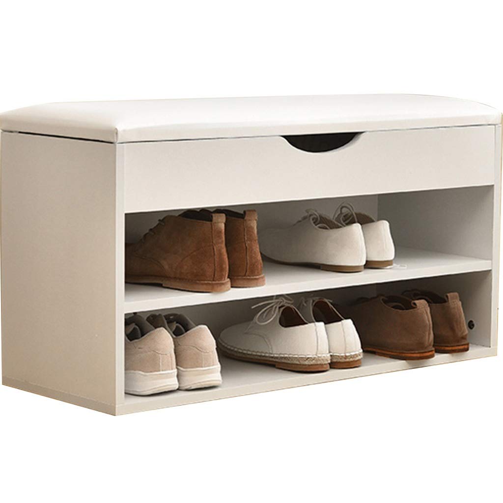 JOYGOOD 80cm White Entryway Storage Bench with Shoe Rack - Multifunctional Shoe Storage Seat for Hallway, Living Room & Bedroom Organization