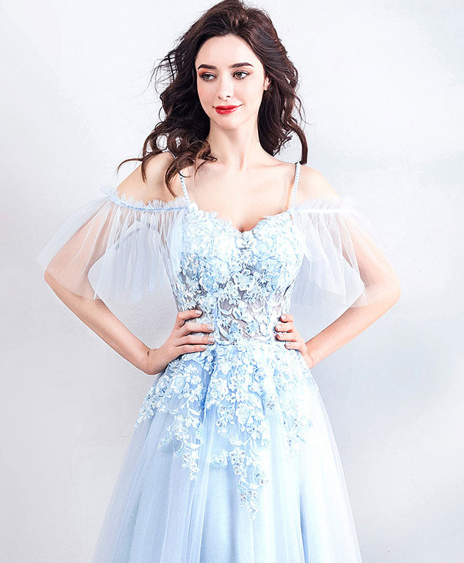 Elegant Light Blue Lace Tulle Long Prom Dress for Women - Formal Evening Gown for Homecoming, Wedding, and Special Occasions