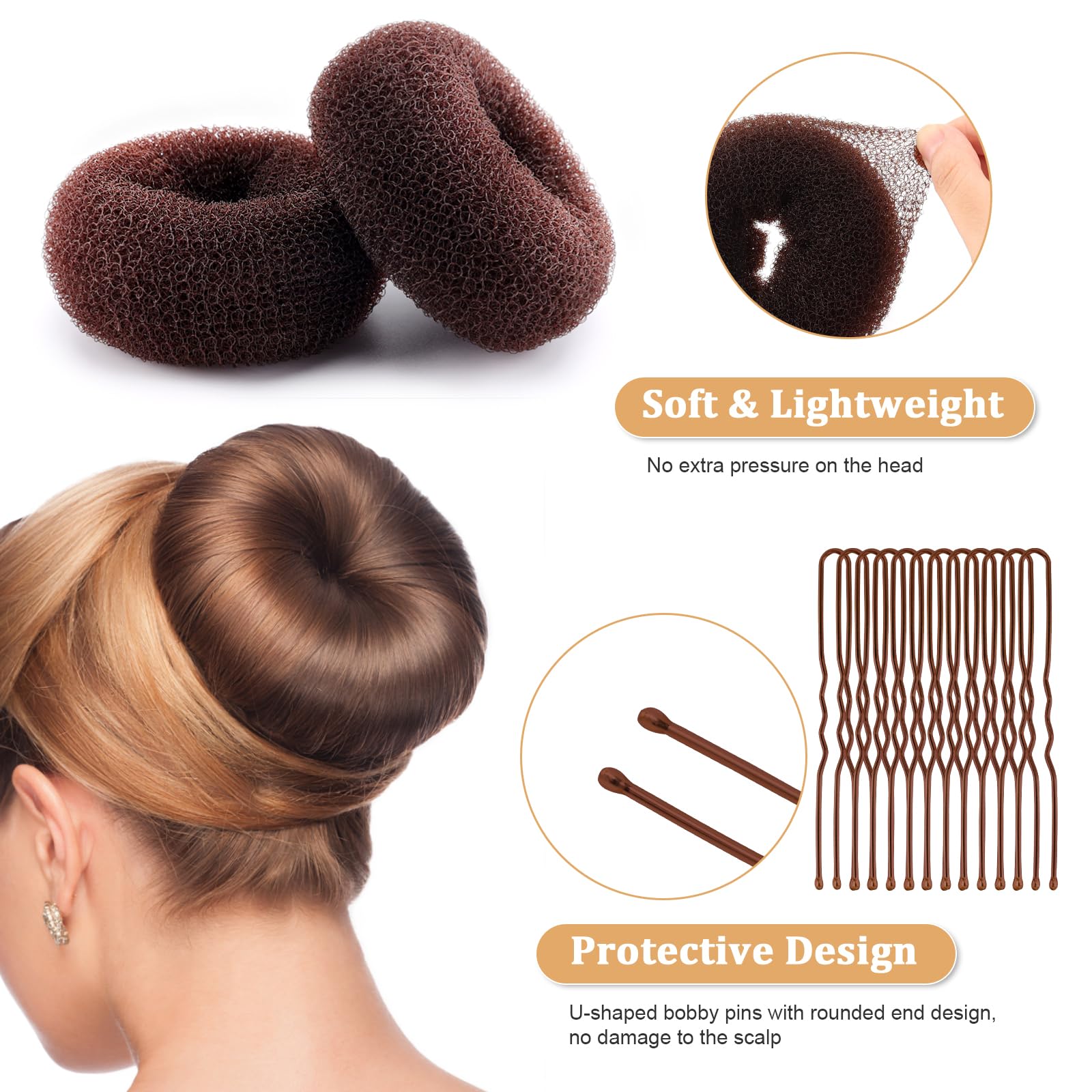 65-Piece Hair Accessories Set with 10 Hair Bun Makers (1 XL, 2 Large, 3 Medium, 4 Small), 50 U-Shaped Pins & 5 Hair Ties - Ballet Donut Bun Maker for Long Thick Hair - Perfect for Ballet, Dance, Wedding & Everyday Hairstyles (Brown)