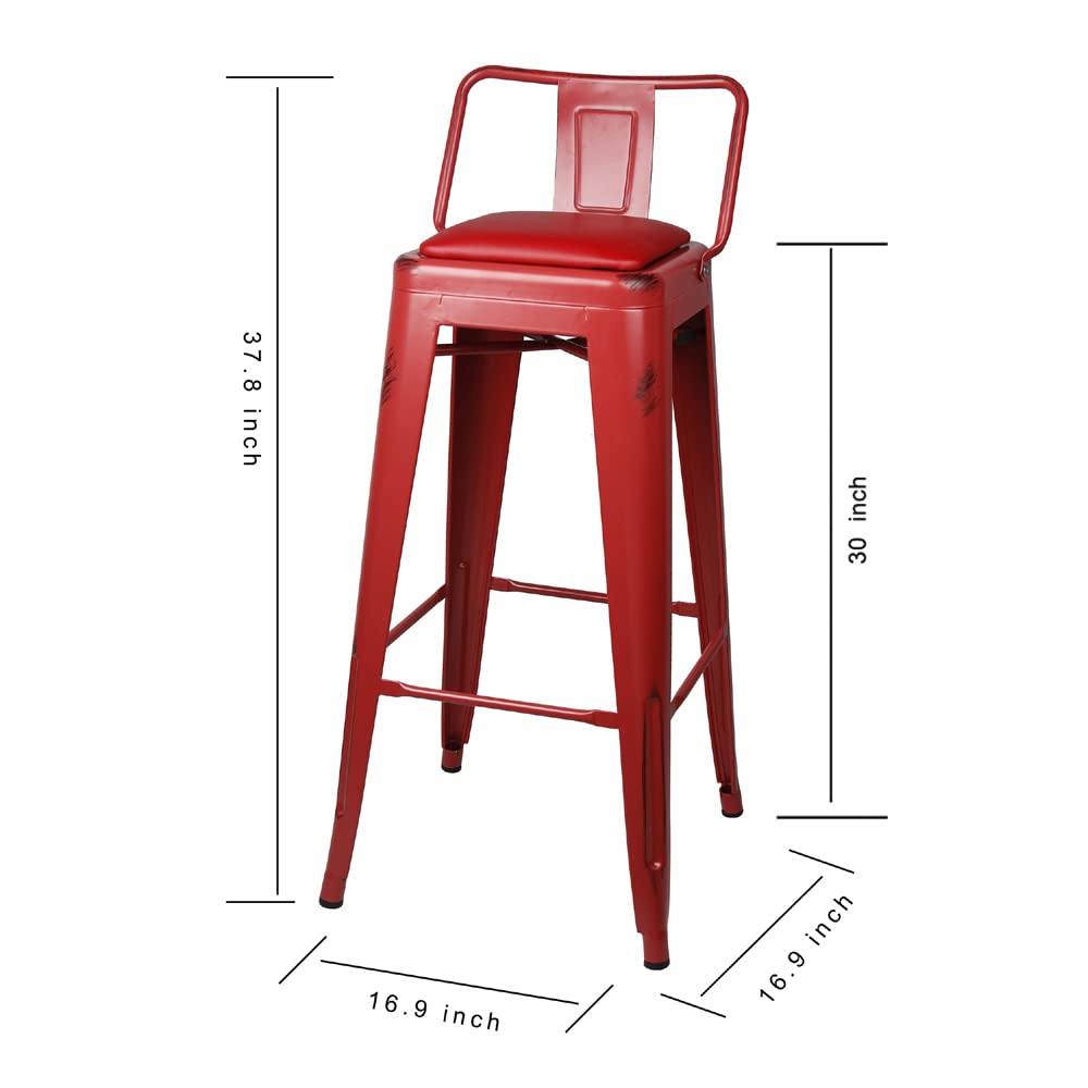 GIA 30-Inch Low-Back Bar Stool Set of 4 - Salmon Red with Red Vegan Leather Seat - Perfect for Kitchen Islands, Breakfast Bars & Home Decor