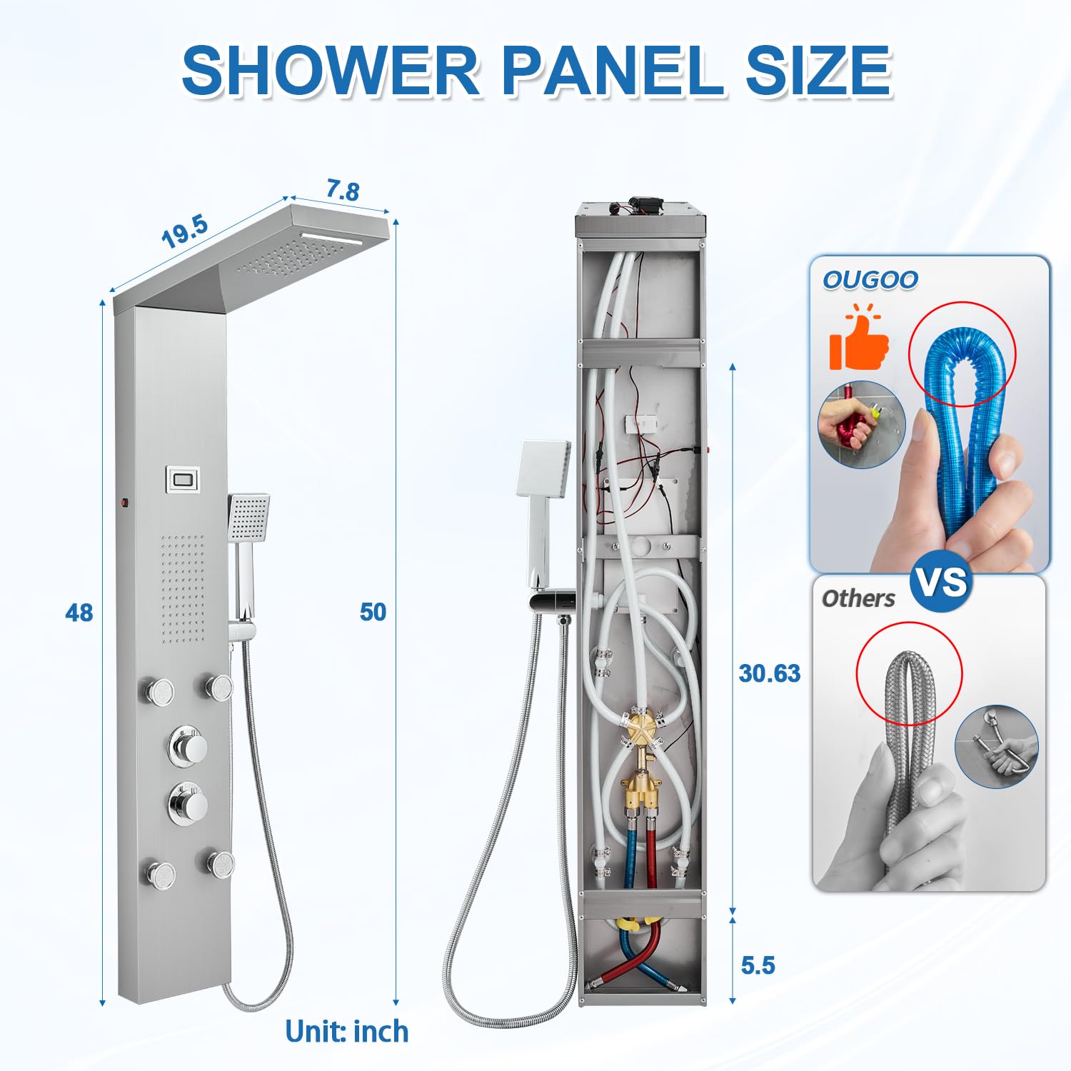 Stainless Steel Shower Panel Tower System with LED Lights - Rainfall & Waterfall Shower, 5 Body Jets, Handheld Sprayer & Temperature Display - Brushed Finish for Modern Bathroom Luxury Spa Experience