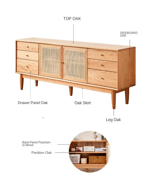 Modern Oak Solid Wood Rattan TV Stand with Storage - Entertainment Center for Living Room, Bedroom & Home Theater Setup