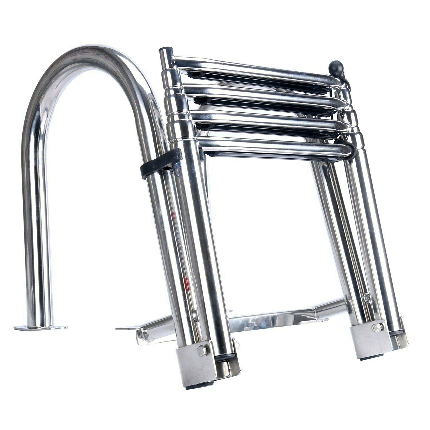 **Amarine Made 4-Step Folding Stainless Steel Pontoon Boat Ladder – Telescoping Dock Ladder with Wide Steps, Pedal Hand Rail & Retaining Strap (400lb Capacity) – Perfect for Swimming, Boarding & Water Sports**