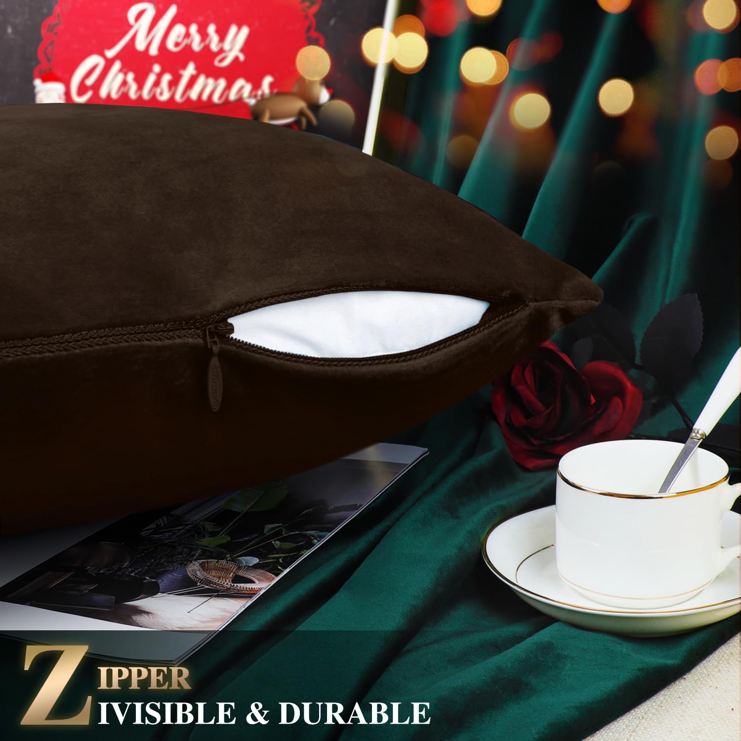 BRAWARM 18x18 Inch Christmas Pillow Cover - Embroidered Coffee Reindeer Design, Soft Velvet Decorative Throw Pillow for Couch, Bed, Sofa - Perfect for Living Room & Holiday Home Decor