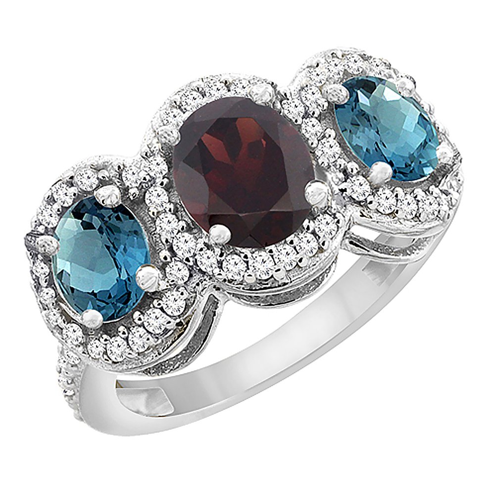 14K White Gold Natural Garnet & London Blue Topaz 3-Stone Ring with Oval Diamond Accent - Sizes 5-10 | Elegant Jewelry for Engagement, Anniversary & Special Occasions