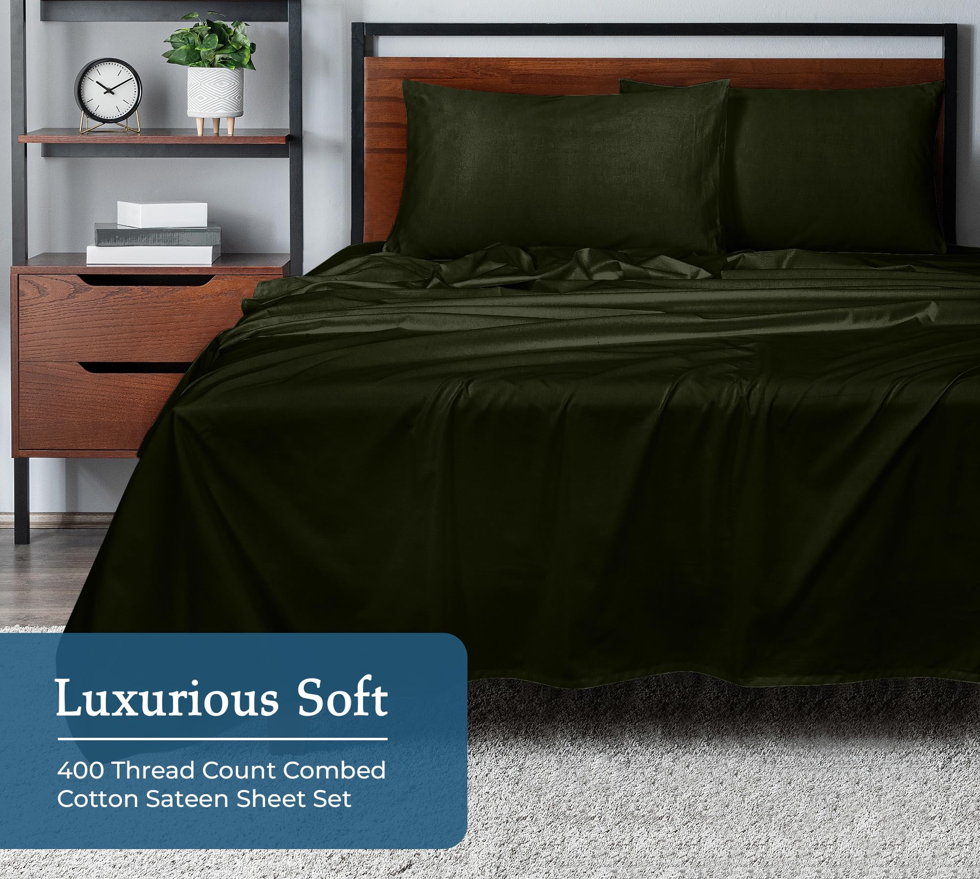 Royale Linens 400TC 100% Cotton Queen Sheet Set - Cooling Sateen for Comfortable Sleep