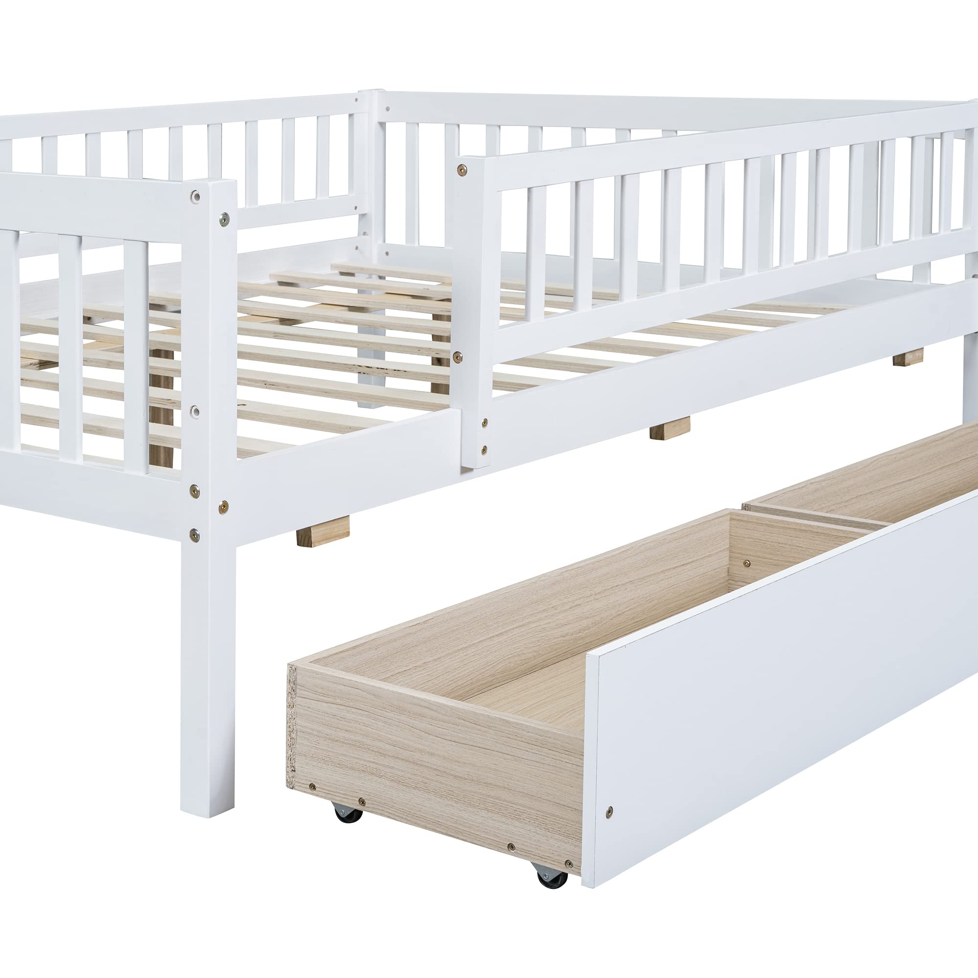 DEINPPA Full Size Wooden Bed Frame with Storage Drawers - Kids Daybed with Slats for Toddlers, Boys & Girls - White | Perfect for Small Bedrooms, Guest Rooms & Kids' Dorm Storage Solutions