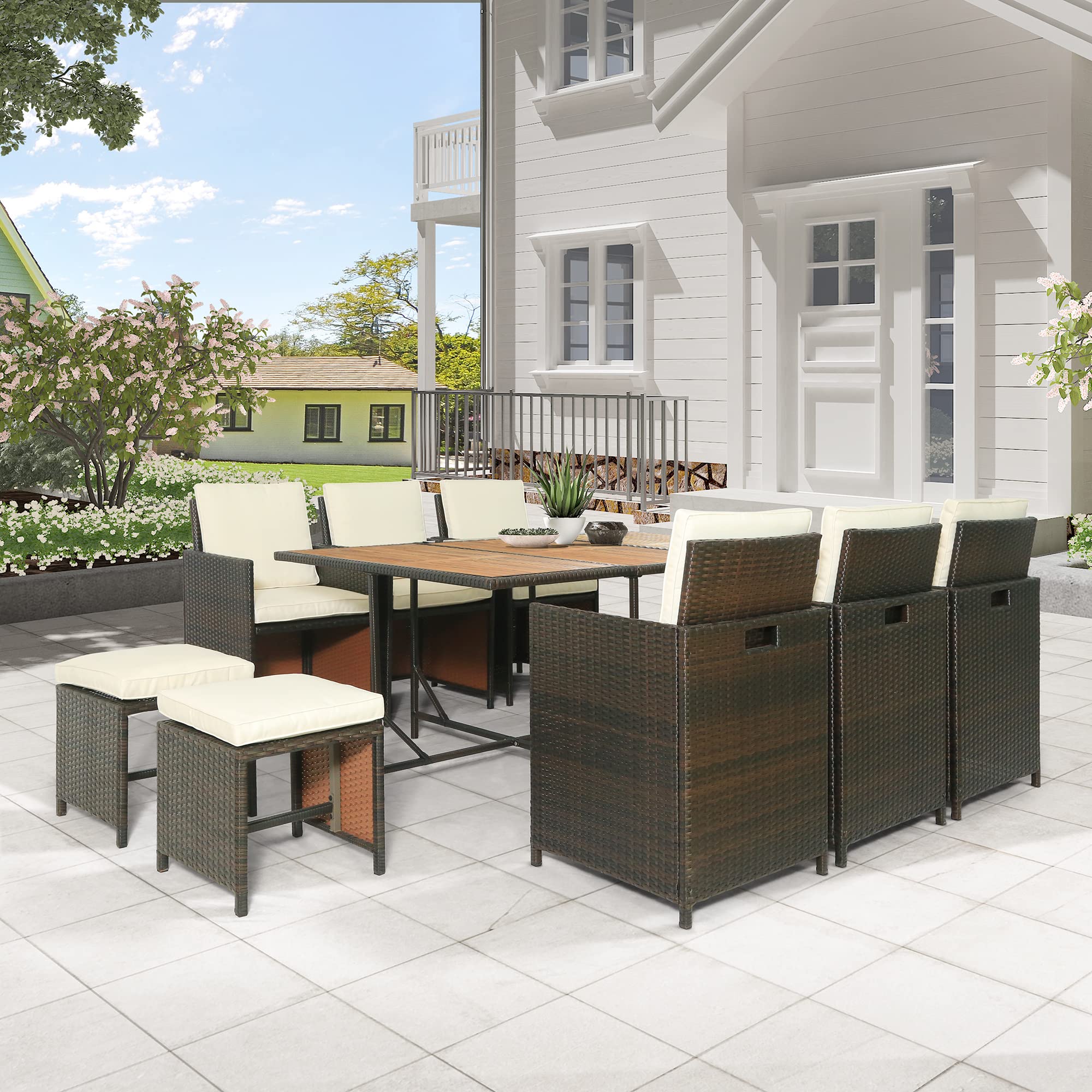Premium 11-Piece Patio Dining Table Set - Outdoor Wicker Rattan Furniture with Cushions (Brown & Beige) - Perfect for Backyard BBQs, Poolside Gatherings & Garden Entertaining