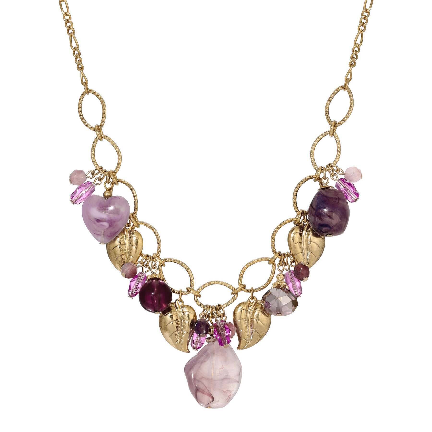1928 Jewelry Irregular Milky Amethyst & Gold Leaf Charm Necklace - 16