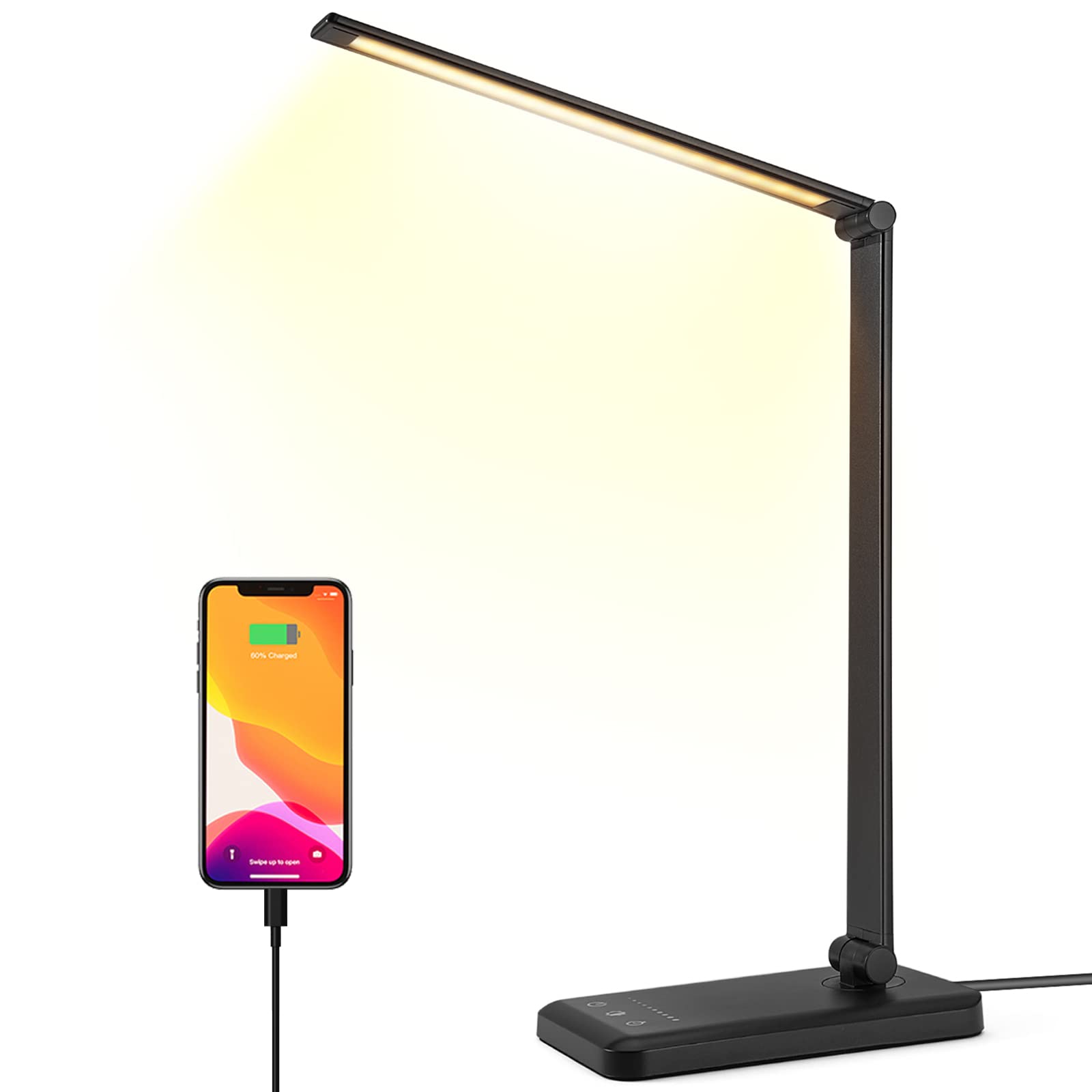 HMFUNTM LED Desk Lamp with USB Charging Port - 5 Color Modes & 10 Brightness Levels, Natural Eye-Caring Light for Reading, Home Office, Study - Touch Control & Auto Timer, Black Desk Light for Work, Gaming, and Nightstand Use