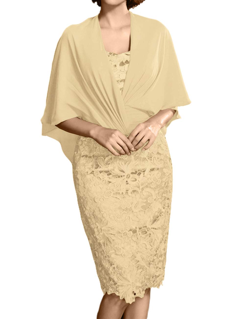 Elegant Lace Mother of The Bride Dress - Short Formal Evening Gown with Chiffon Wrap Shawl | Perfect for Weddings, Cocktail Parties & Special Occasions
