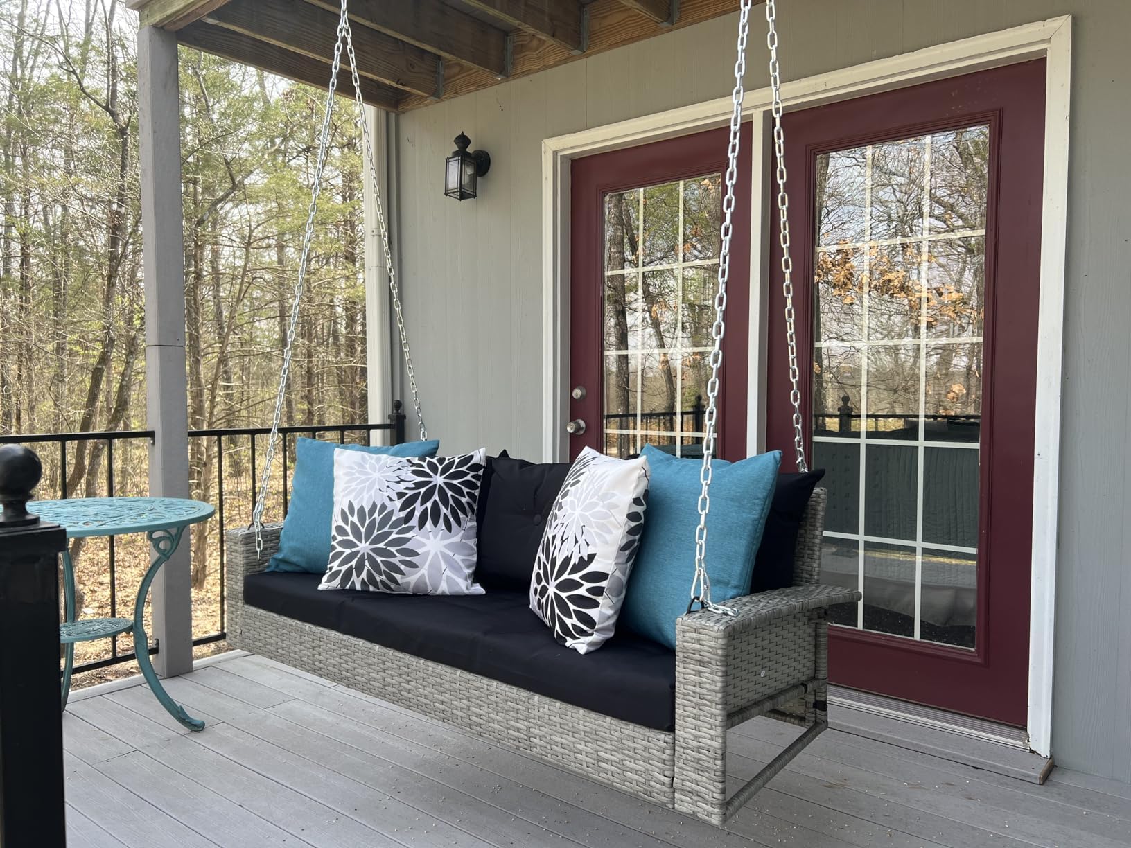 YITAHOME 3-Seat Wicker Hanging Porch Swing Chair - Outdoor Gray Rattan Patio Swing with 3 Back Cushions (Black Cushion) - Perfect for Garden, Balcony, Deck & Backyard Relaxation