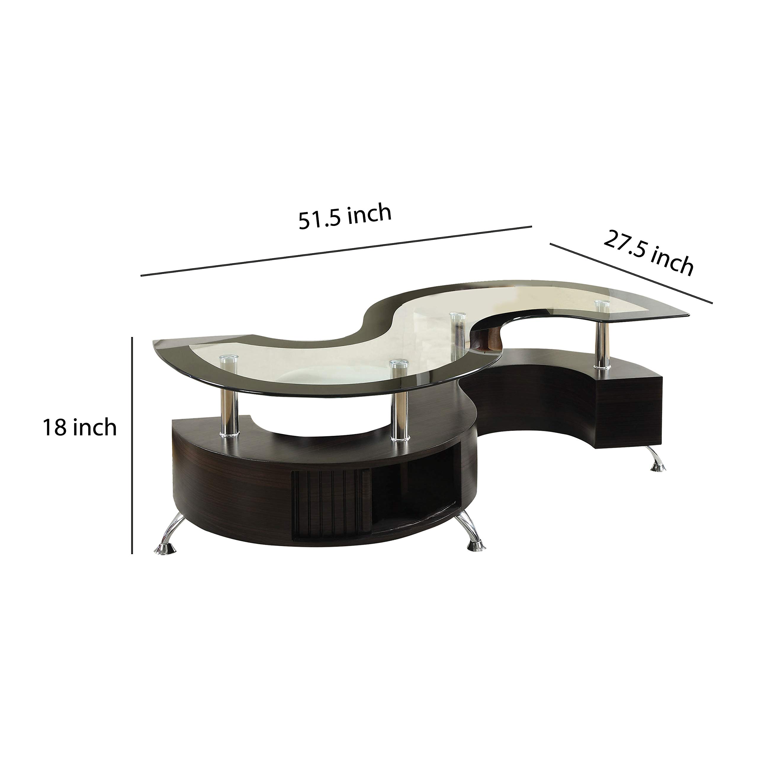 Contemporary S-Shape Wood Coffee Table with Glass Top - Silver & Brown for Living Room