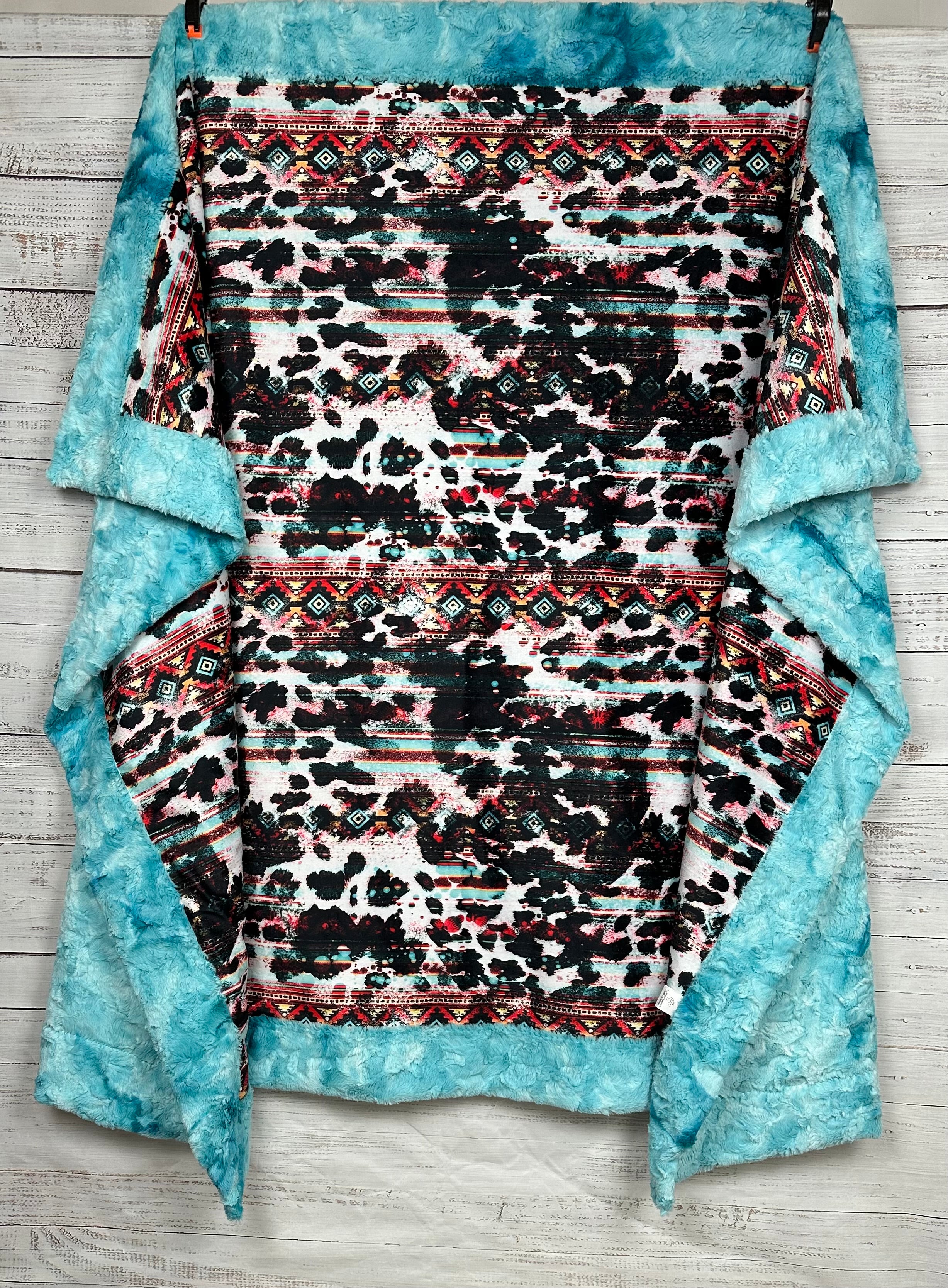 Aztec Cowhide Western Aqua Luxe Large 54x79 Minky Blanket - Soft Southwestern Throw for Couch, Bed & Home Decor