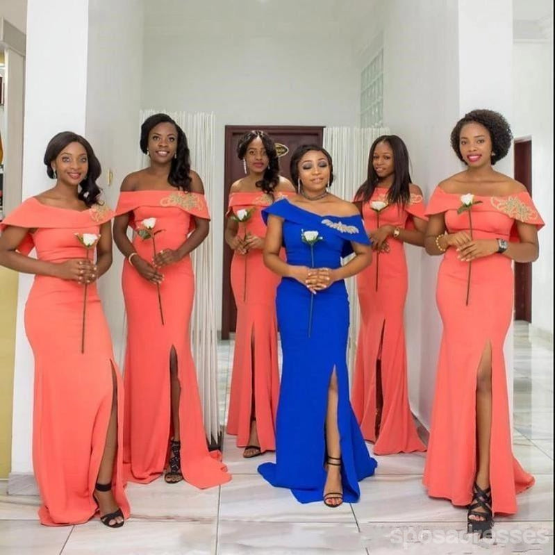 Elegant Orange Mermaid Off-Shoulder Side Slit Long Bridesmaid Dress - WG1174 | Perfect for Beach Weddings, Formal Events & Evening Parties