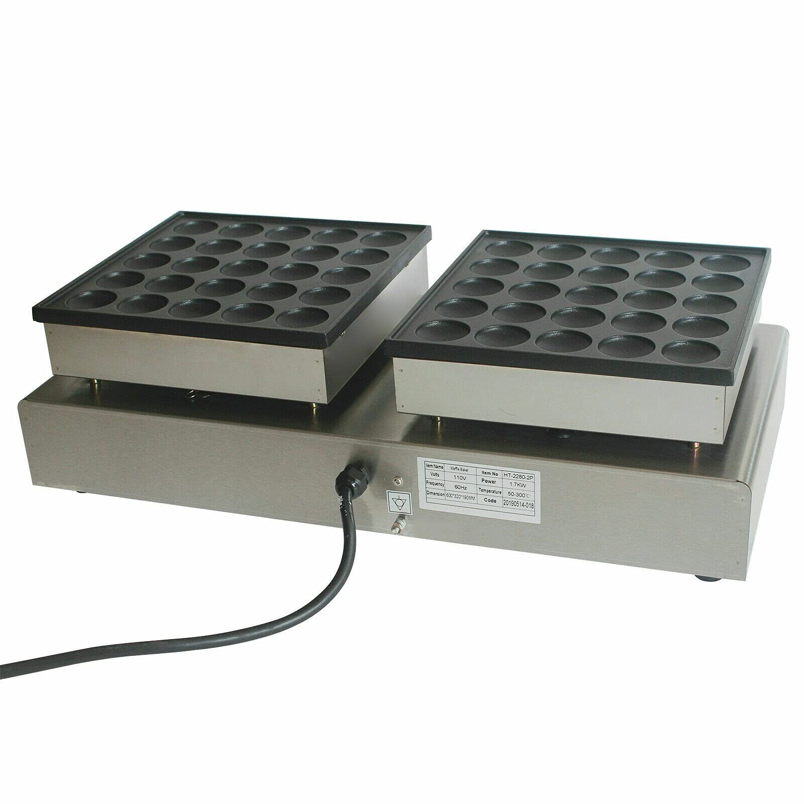 Commercial Dutch Pancake Maker - 1600W Dual Plate Electric Poffertjes Machine with 25+25 Holes, 1.8 Inch Stainless Steel Mini Pancake Baker for Snack Bars, Restaurants & Home Use - Perfect for Breakfast, Desserts & Street Food Stalls