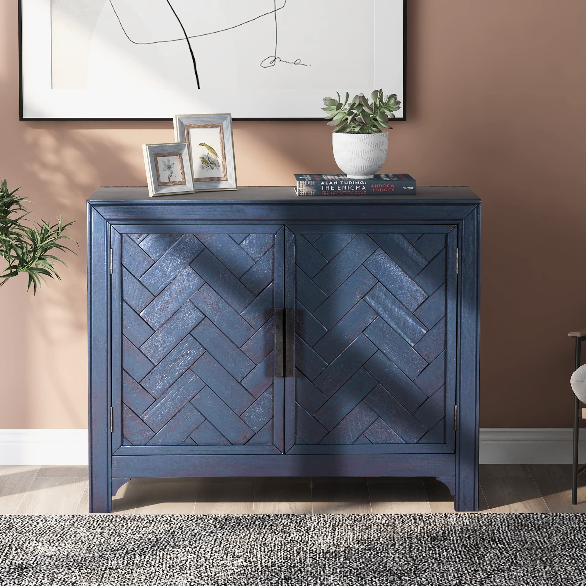 Modern Wood Storage Cabinet - Multi-Functional Sideboard Console Table with 2 Adjustable Shelves for Entryway & Living Room - Antique Blue 40 Inch Home Organizer for Shoes, Books & Decor