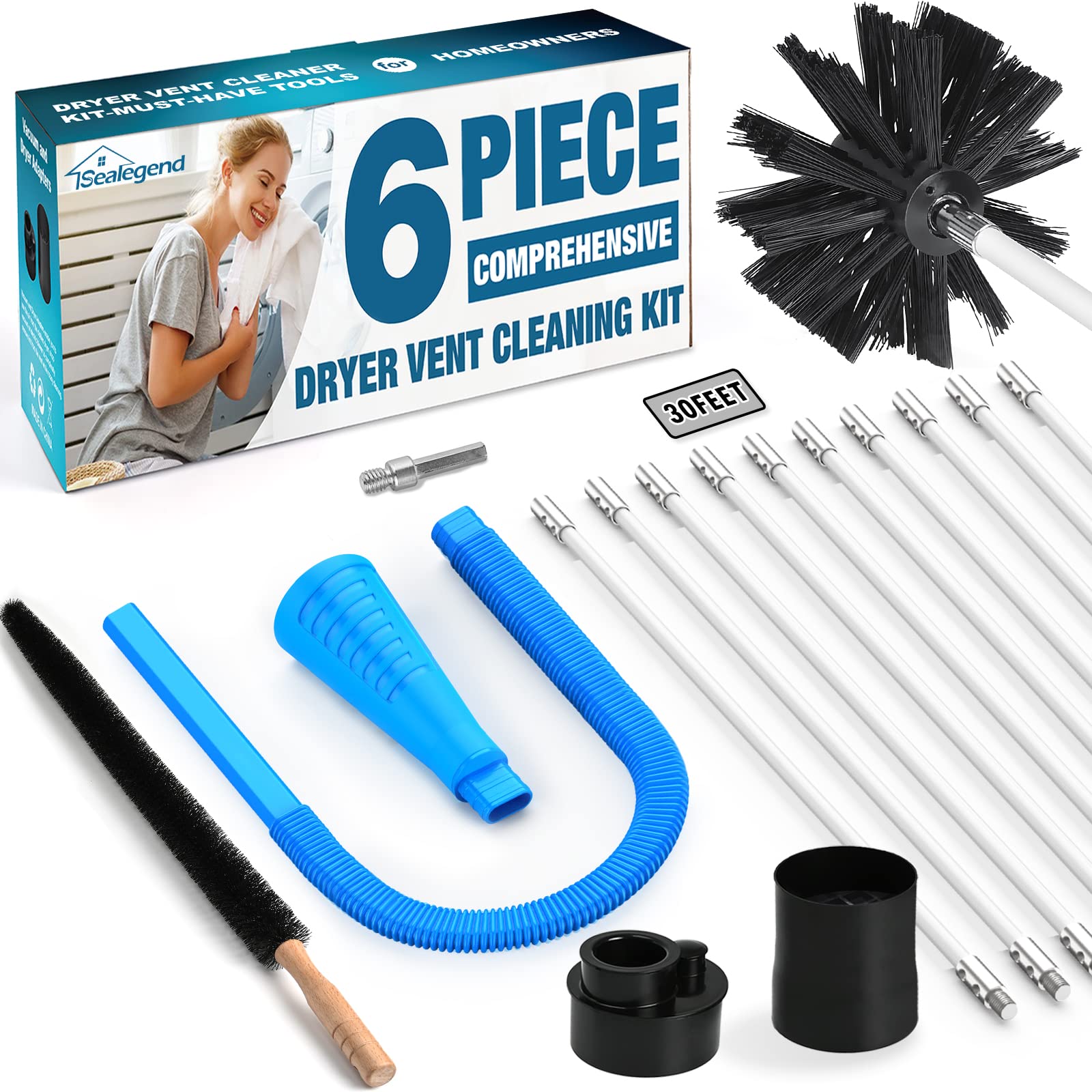 Sealegend 6-Piece Dryer Vent Cleaning Kit with 30ft Brush, Lint Vacuum Attachment & Adapters - Omnidirectional Dryer Vent Cleaner for Efficient Lint Removal - Perfect for Home Laundry Rooms & RV Dryer Maintenance