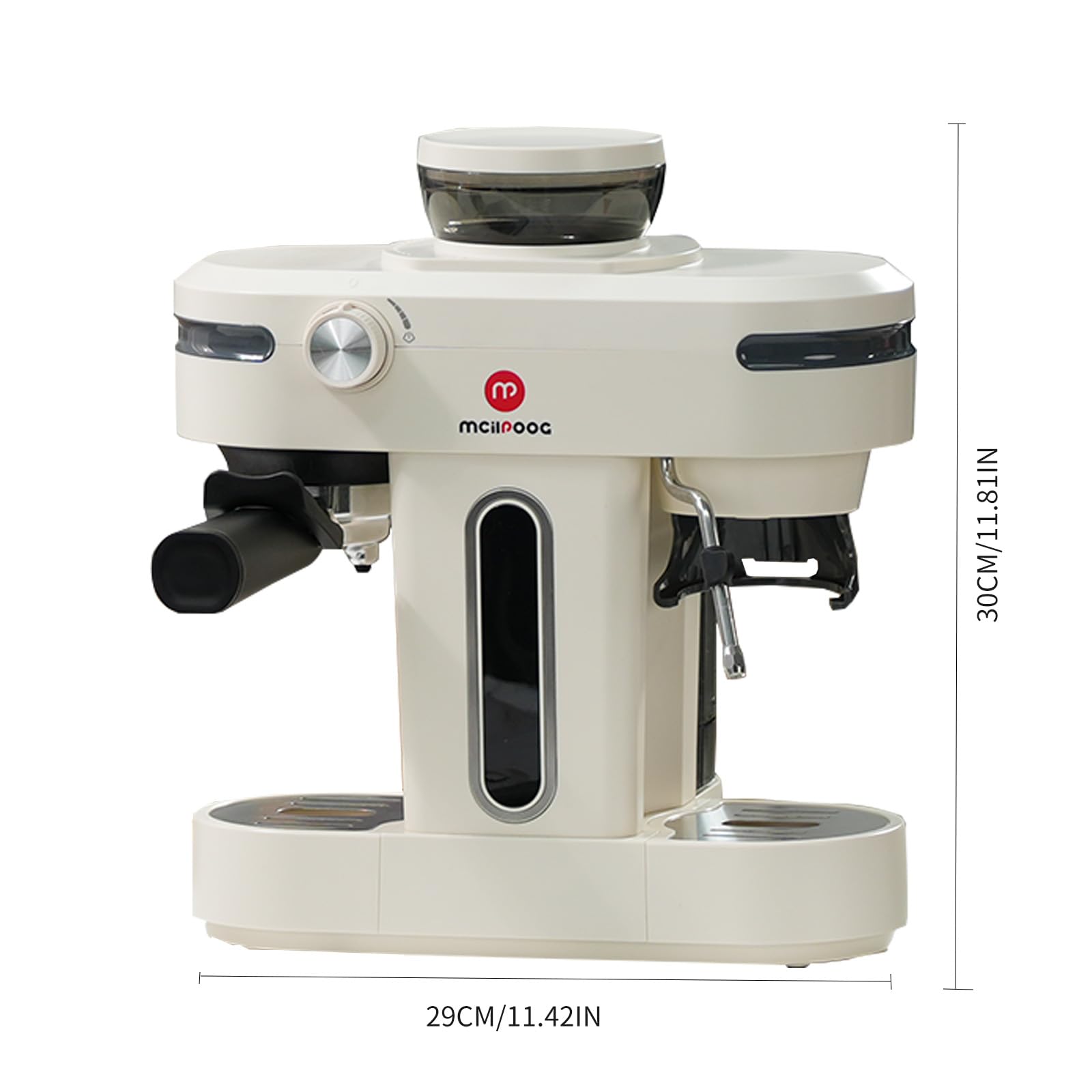 Mcilpoog AC510 15Bar Semi-Automatic Espresso Machine with Built-in Grinder & Steam Wand - 3-in-1 Compact Coffee Maker for Cappuccino, Latte & Americano - 28oz Removable Water Tank - Perfect for Home Baristas & Coffee Lovers (Creamy White) - Ideal for Kitchen Countertops, Office Break Rooms & Gift for Dad