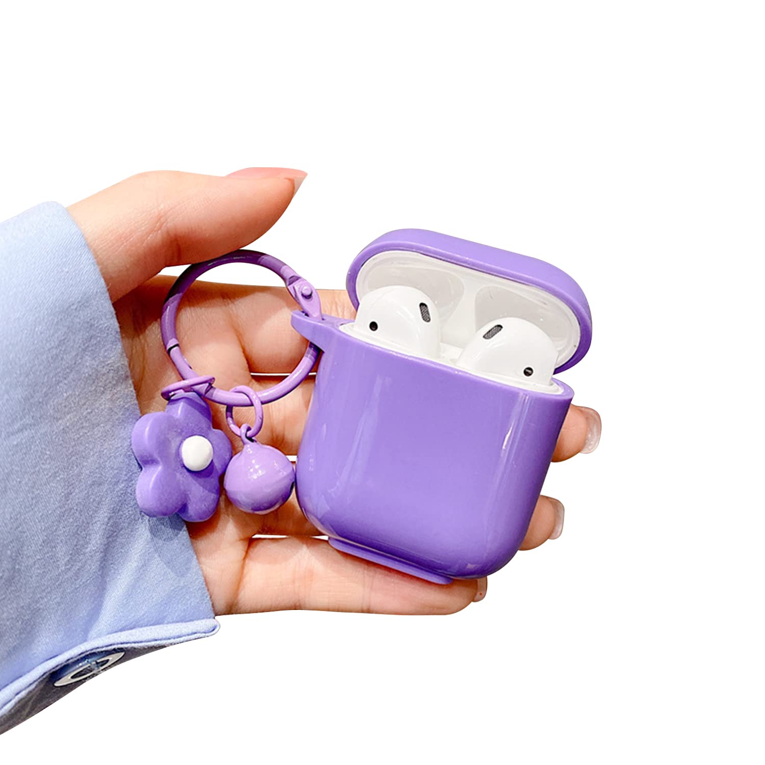 Ownest AirPods 1 & 2 Case - Cute Candy Flower Charm with Bell, Slim Soft TPU Rubber Cover for Women & Girls (Purple) - Perfect for School, Work & Daily Fashion Accessory