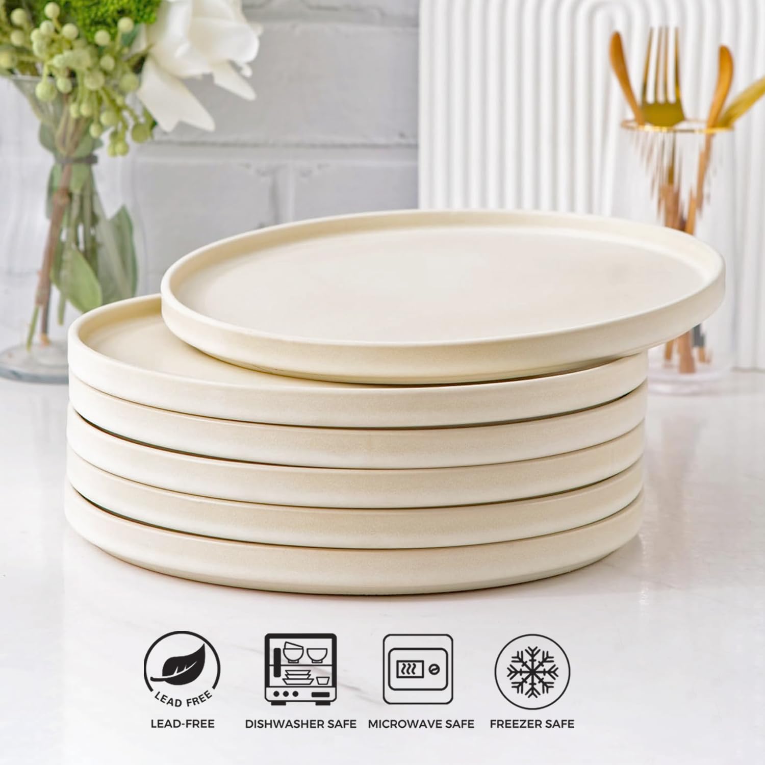 AmorArc 6-Piece 8-Inch Ceramic Dinner Plate Set - Matte Glaze Salad, Dessert, Appetizer Plates - Microwave & Dishwasher Safe Scratch-Resistant Ivory Dishes - Perfect for Family Dinners, Parties & Restaurant Use