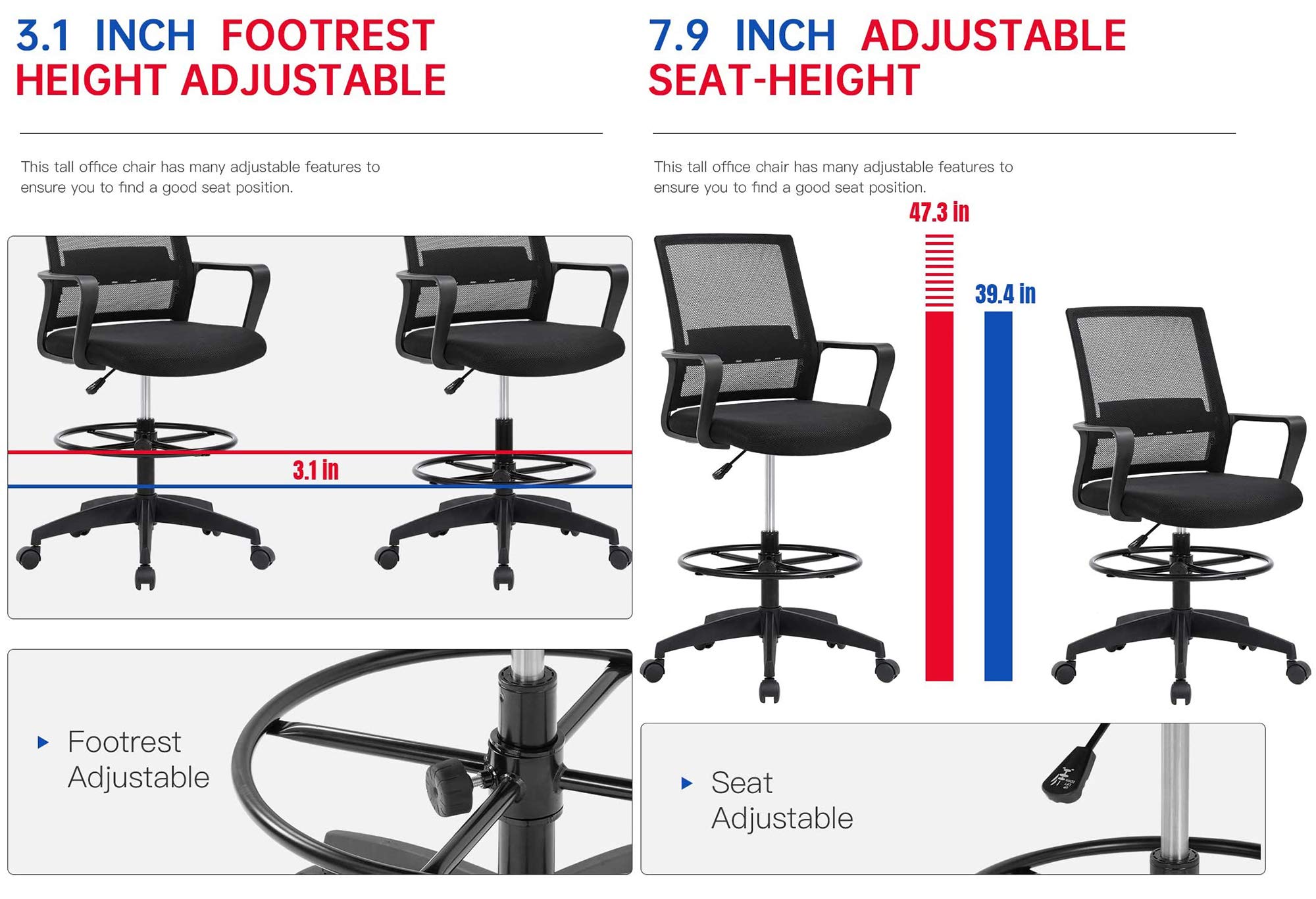 Ergonomic Adjustable Height Drafting Chair for Home Office - Tall Standing Desk Chair with Lumbar Support, Arms & Footrest - Mid Back Mesh Computer Chair with Swivel Base - Perfect for Architects, Designers & Long Work Sessions (Black)