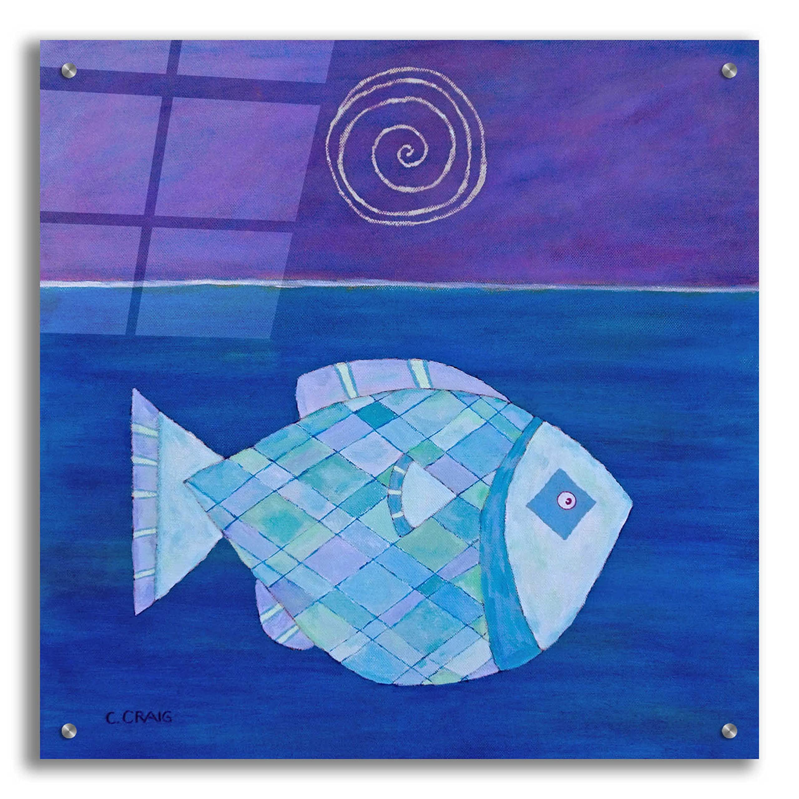 Casey Craig 'Fish with Spiral Moon' Acrylic Glass Wall Art - 24x24 Inch Modern Abstract Painting for Living Room, Bedroom & Office Decor