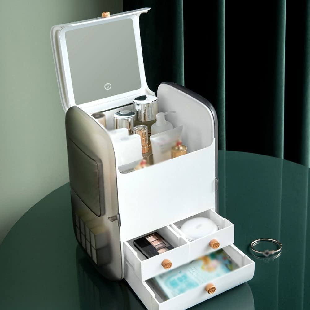 LED Makeup Organizer with 3-Level Dimming Mirror - 3-Tier Cosmetic & Jewelry Storage Box for Lipstick, Necklace, Accessories - Perfect for Bedroom Dresser, Vanity Table & Bathroom Counter (Green)
