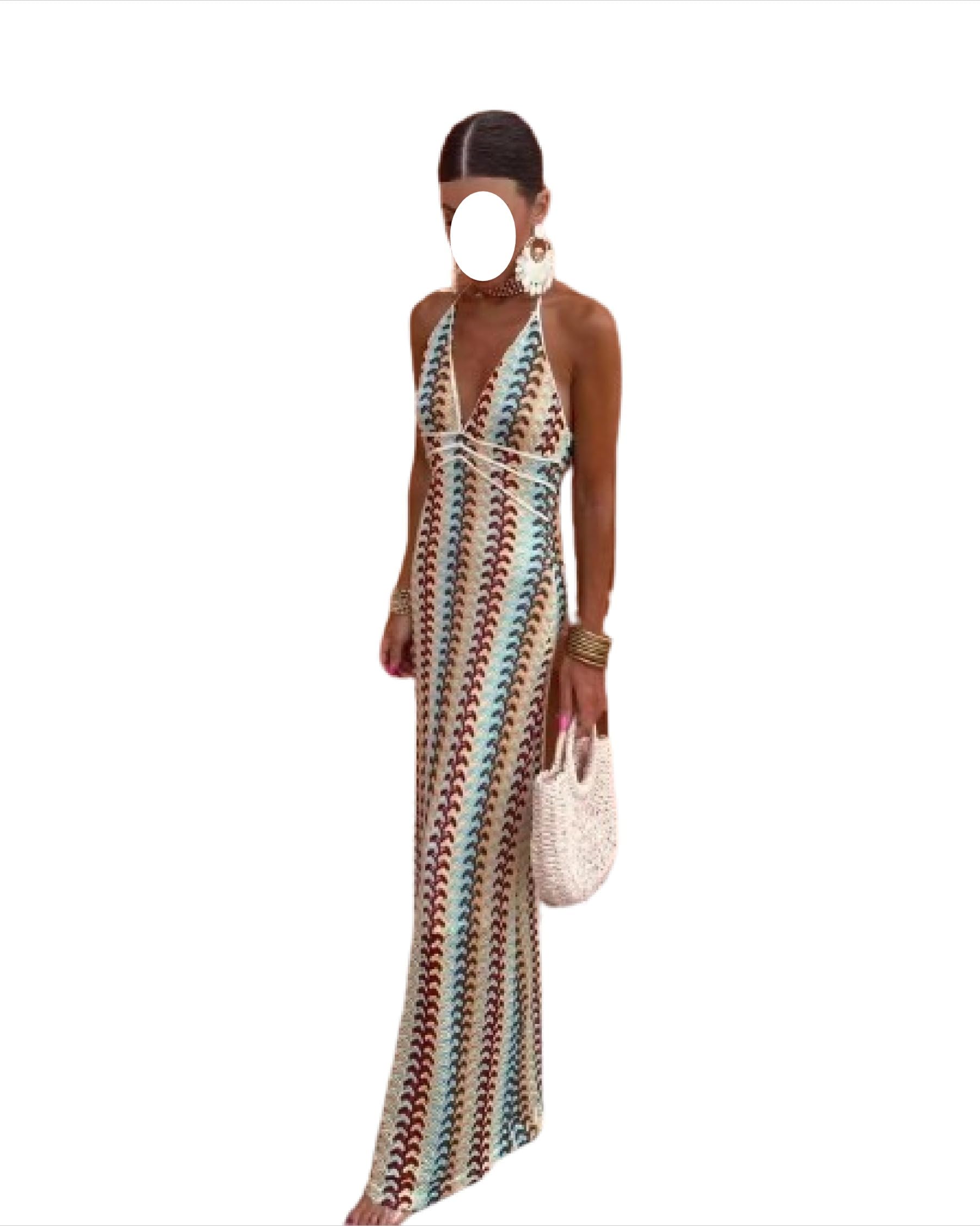 Crochet Beach Cover Up Dress - Women's Halter Maxi Dress with V Neck & Backless Design - Perfect for Beach Vacations, Pool Parties & Summer Getaways