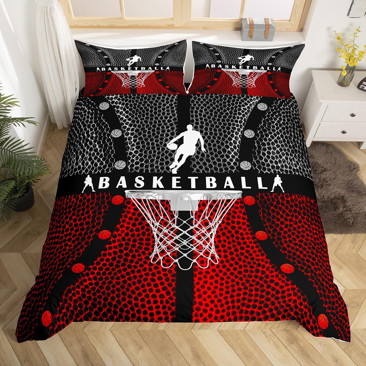 Kids Basketball Duvet Cover Set Twin Size - Geometric Basketball Court Design, Boys Girls Adults Bedding - Sports Themed Comforter Cover in Red & Black - Includes 1 Pillowcase - Perfect for Sports Lovers' Bedroom Decor & Game Day Themes