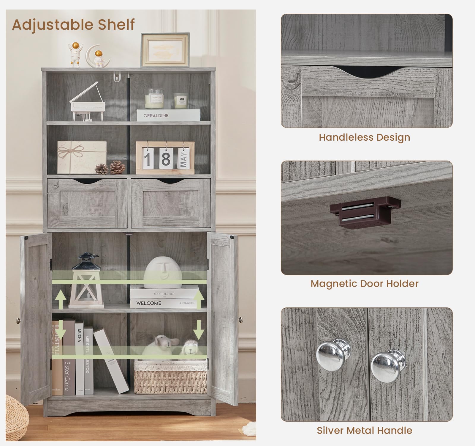 Iwell Tall Storage Cabinet with 2 Drawers & Adjustable Shelves - Bathroom Cabinet with Doors, Cupboard Organizer for Living Room, Dining Room, Entryway - Grey - Perfect for Home Organization & Small Space Storage Solutions