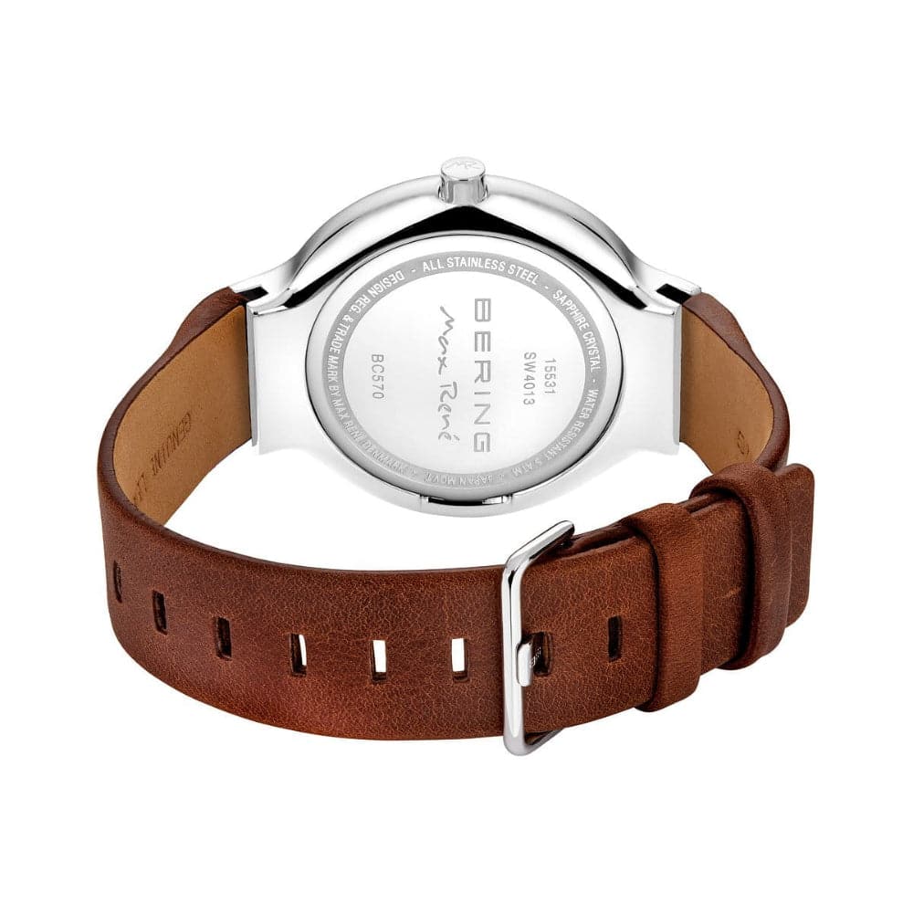 Bering Max Rene Men's Watch - White Dial & Genuine Brown Leather Strap - Model 15531 504 - Perfect for Business, Casual Wear & Formal Occasions