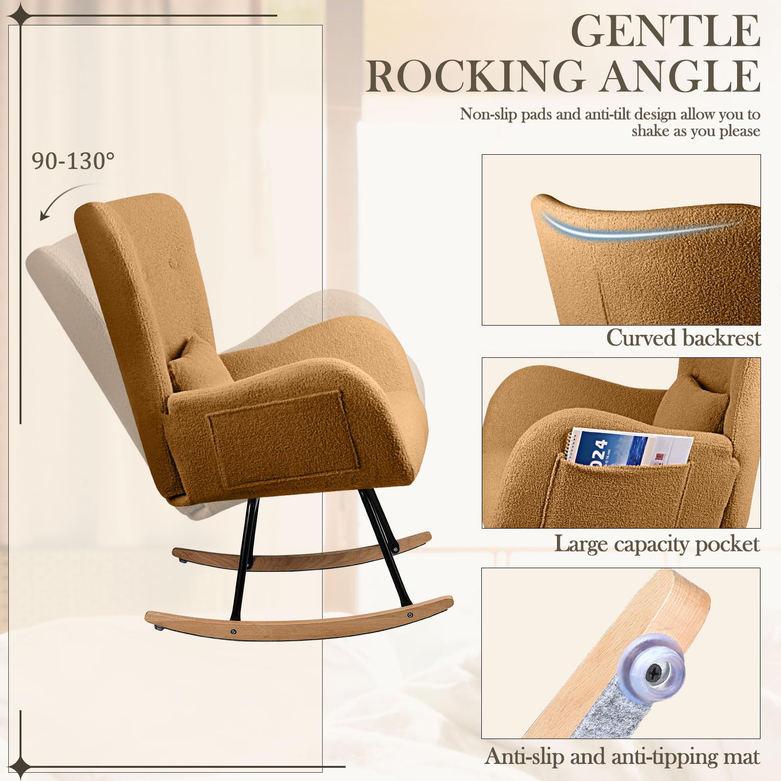 Waleaf Rocking Chair - Upholstered Nursery Rocker with High Backrest & Padded Seat, Comfortable Nursing Chair with Headrest for Bedroom, Living Room & Nursery | Perfect for Breastfeeding, Reading & Relaxing