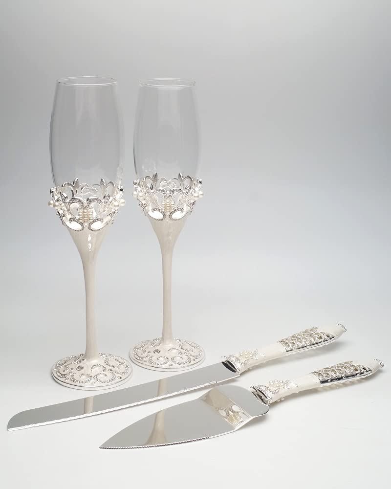 Lassos Boutique 4-Piece Wedding Champagne Flutes and Cake Knife Set - Silver Plated Bridal Shower, Anniversary, and Reception Toasting Accessories for Couples