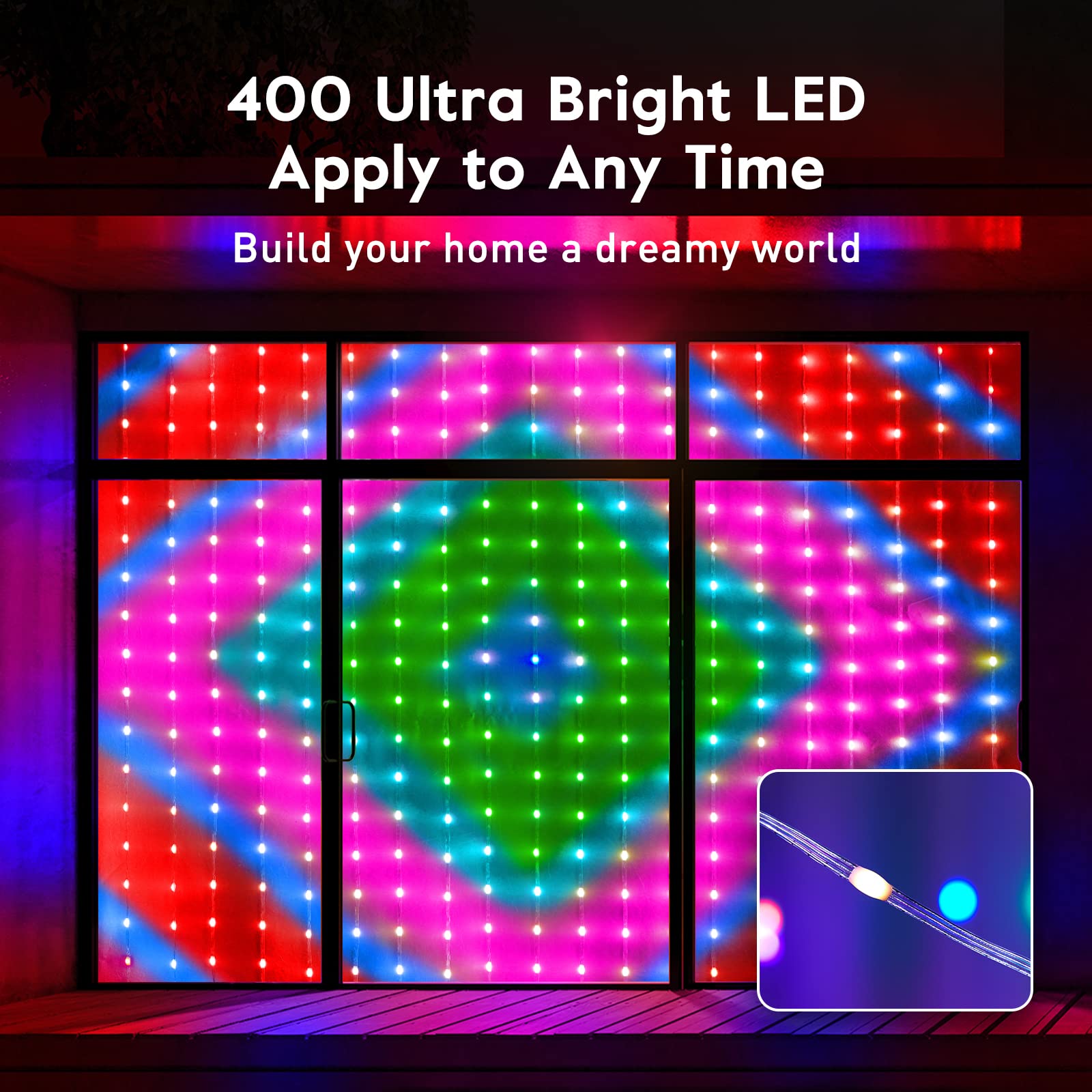 Brightown Smart Curtain String Lights - 400 LED App Controlled Fairy Lights with Music Sync & Remote, DIY Programmable Patterns & Text for Valentine's Day, Christmas, Wedding, Party - Perfect for Indoor & Outdoor Holiday Decorations, Bedroom, Garden, Patio, and Special Events Lighting