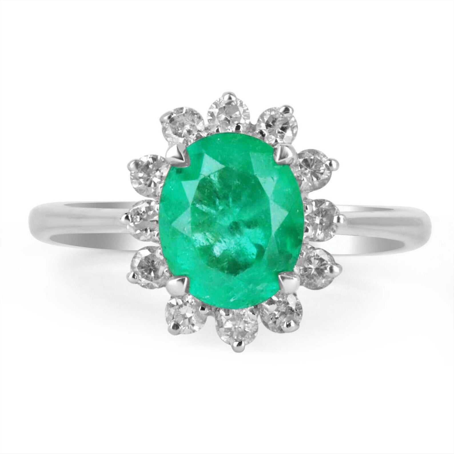 2.10tcw Colombian Emerald Oval & Diamond Halo Statement Ring in 14K Gold - Elegant Jewelry for Weddings, Anniversaries & Special Occasions