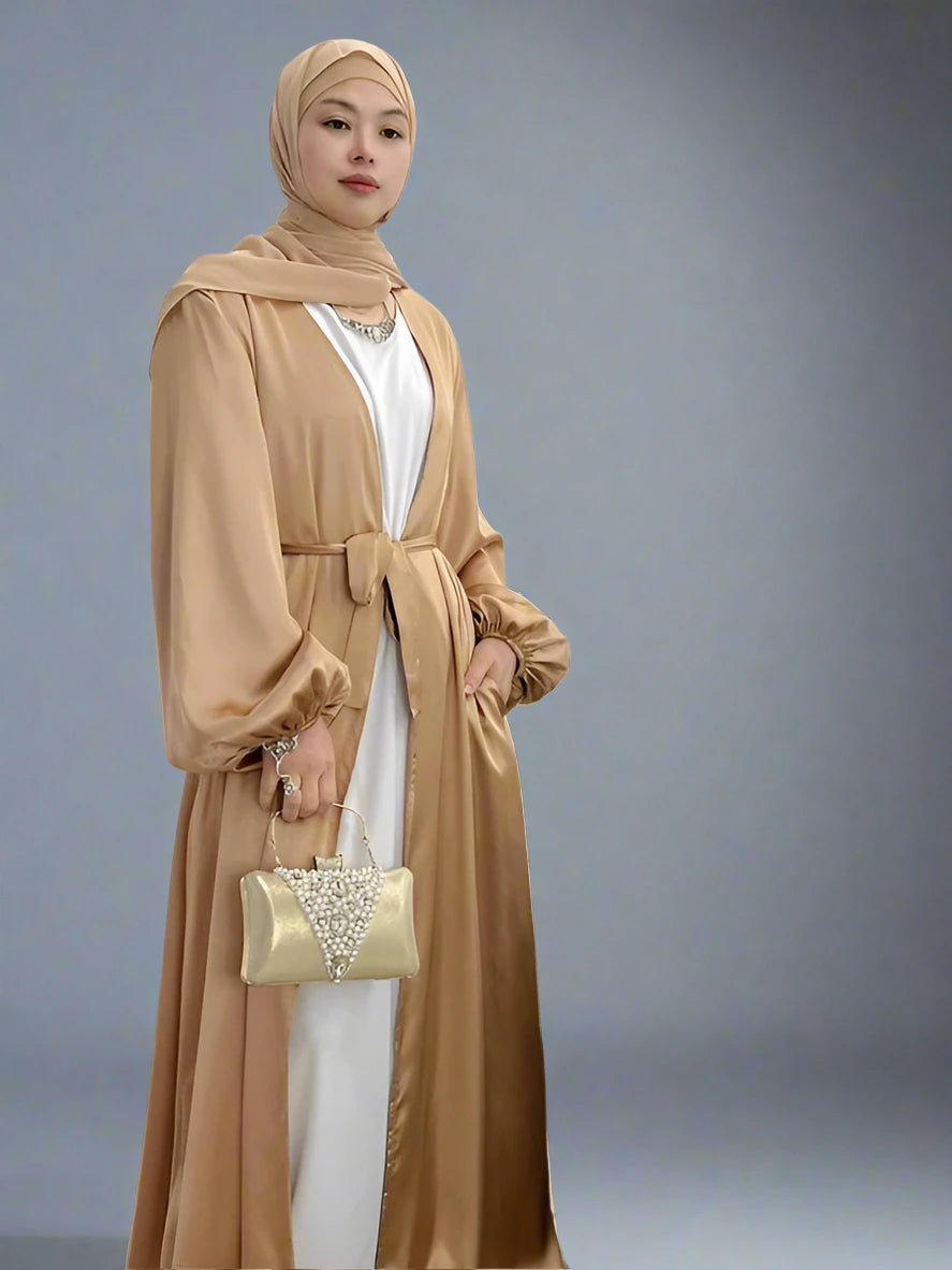Elegant Puff Sleeve Satin Open Abaya Dress for Muslim Women - Modest Islamic Prayer Dress for Eid, Wedding & Special Occasions