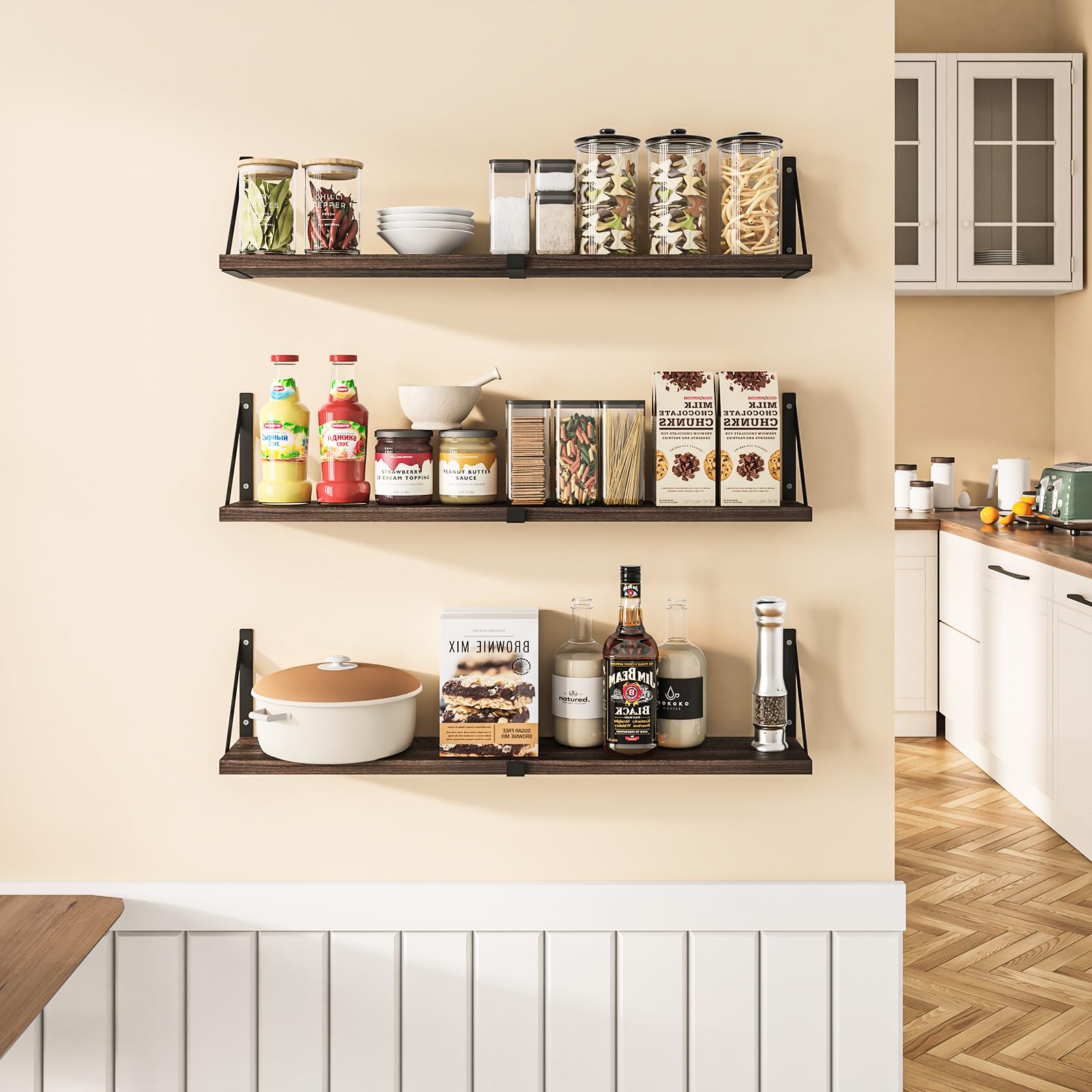 Floating Bookshelf Set of 3 - 33 Inch Wall Mounted Shelves for Living Room, Kitchen, Bathroom & Bedroom - Dark Brown Wooden Shelves for Home Organization & Decor - Perfect for Books, Plants & Decorative Display