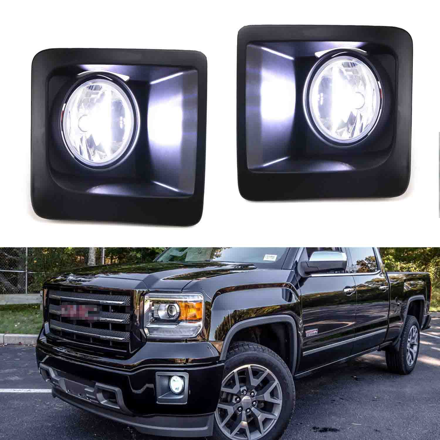 Clear Lens White LED Fog Lights with Bezel Cover & Wiring Kit for 2014-2015 GMC Sierra 1500 - Durable Off-Road Lighting for Night Driving, Foggy Conditions & Enhanced Visibility